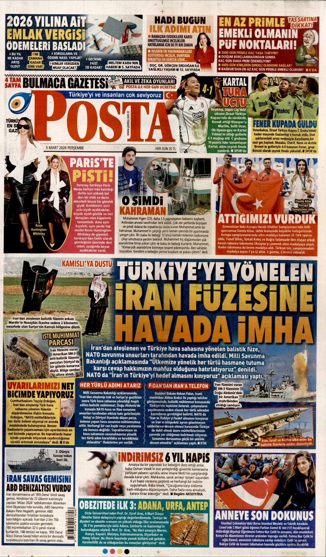 POSTA gazetesinin 5 Mart 2026 tarihli birinci sayfası