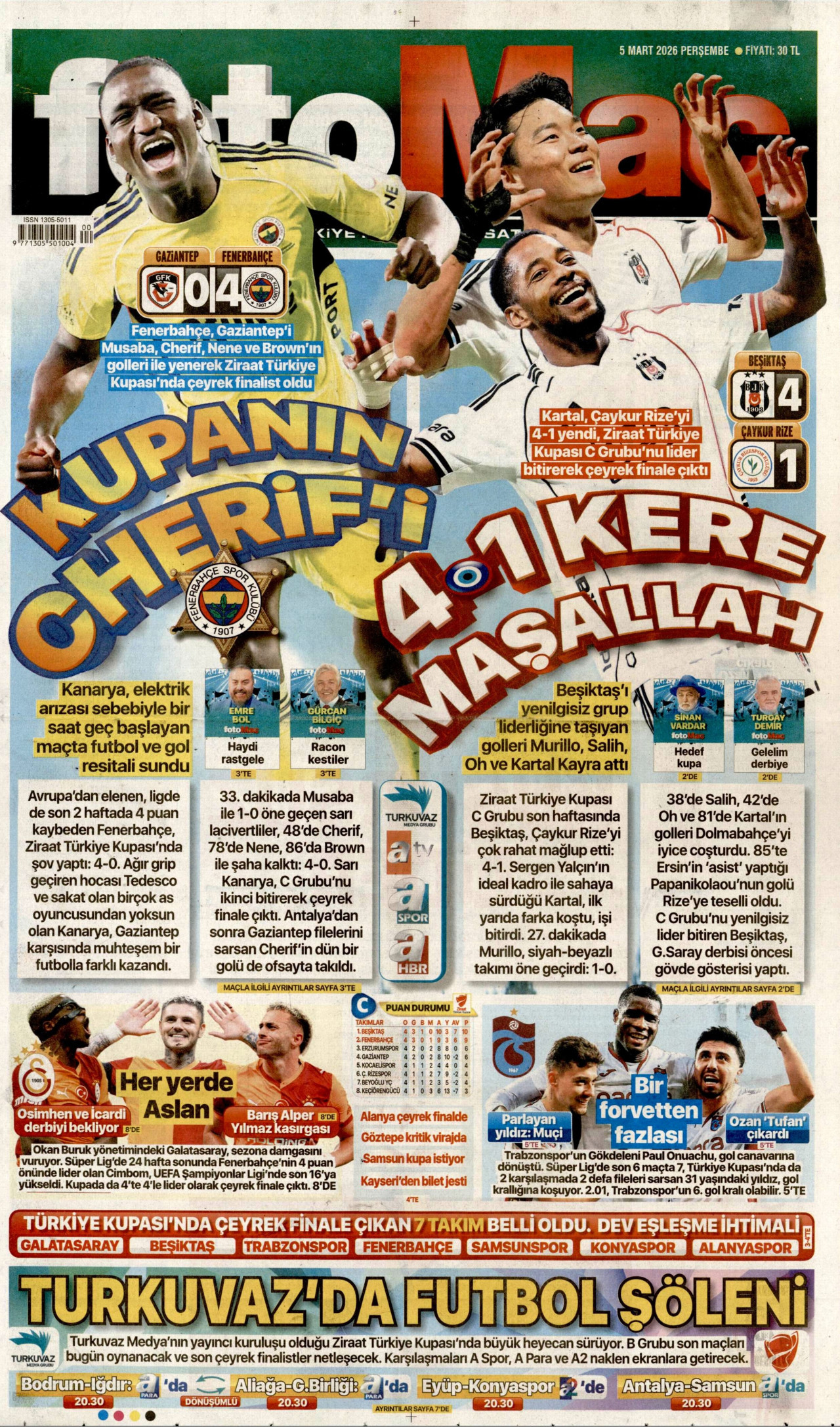 FOTOMAÇ gazetesinin 5 Mart 2026 tarihli birinci sayfası