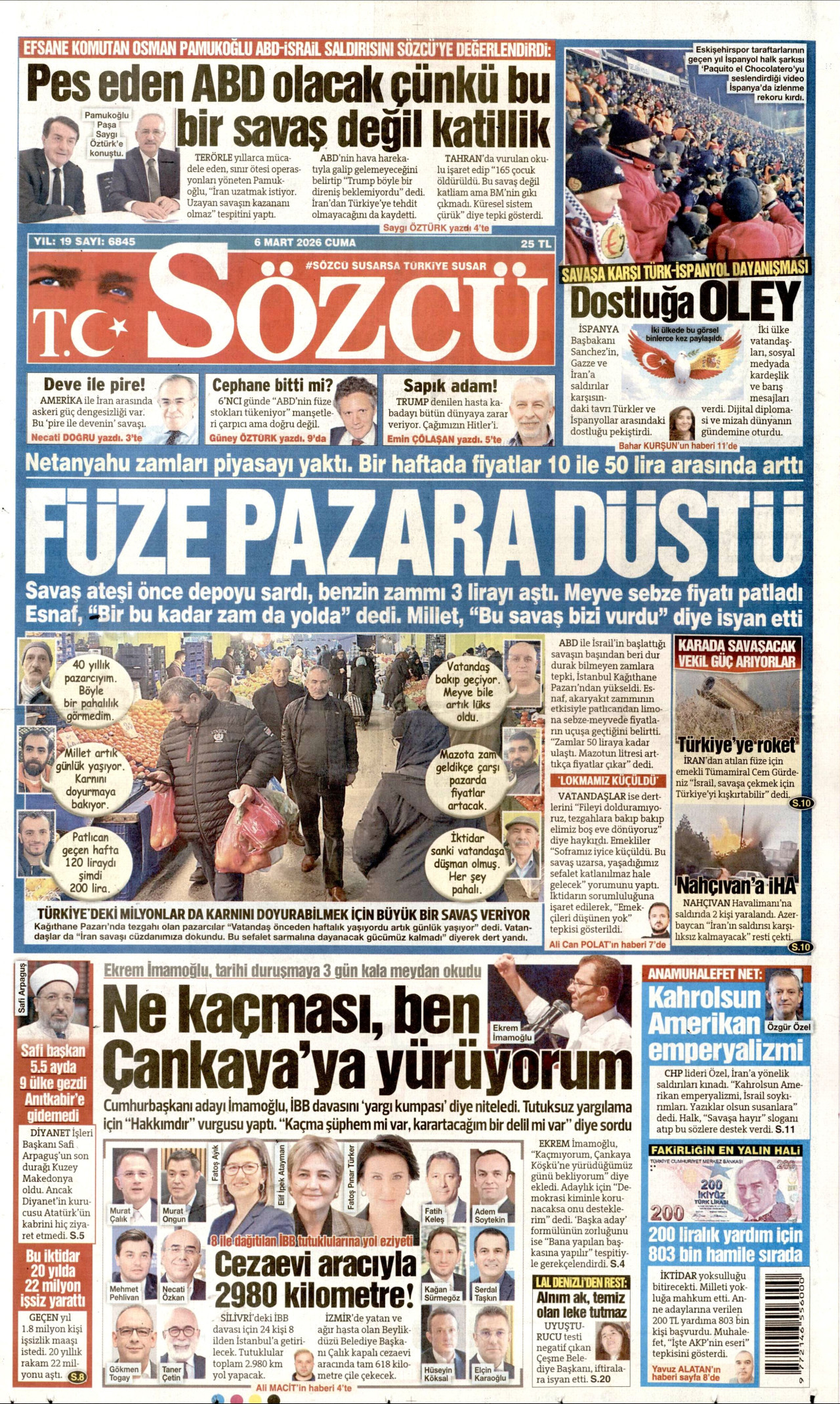 SÖZCÜ gazetesinin 6 Mart 2026 tarihli birinci sayfası