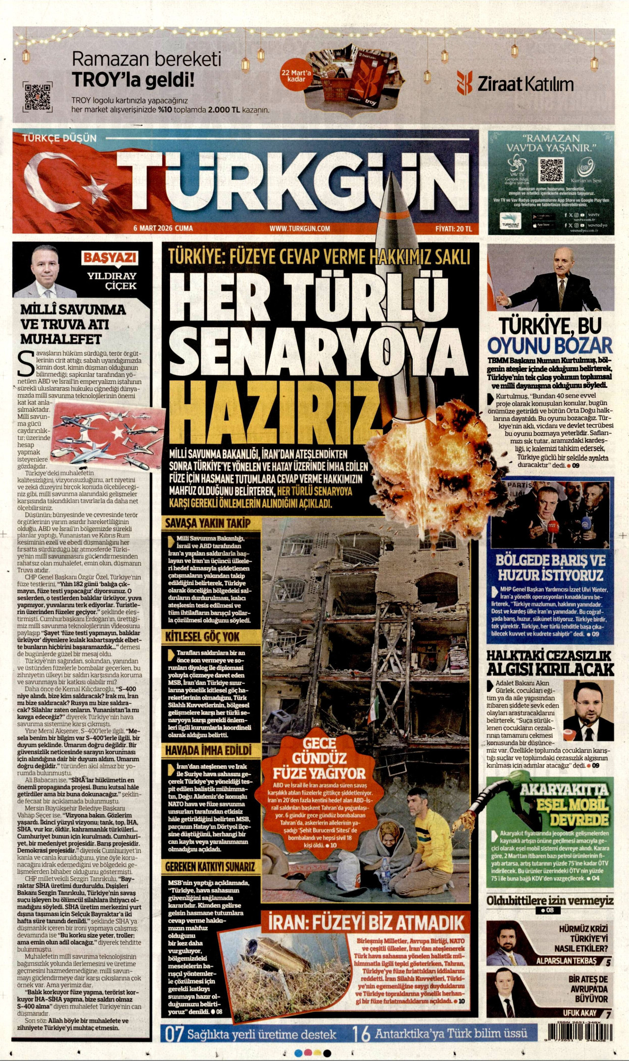 TÜRKGÜN gazetesinin 6 Mart 2026 tarihli birinci sayfası