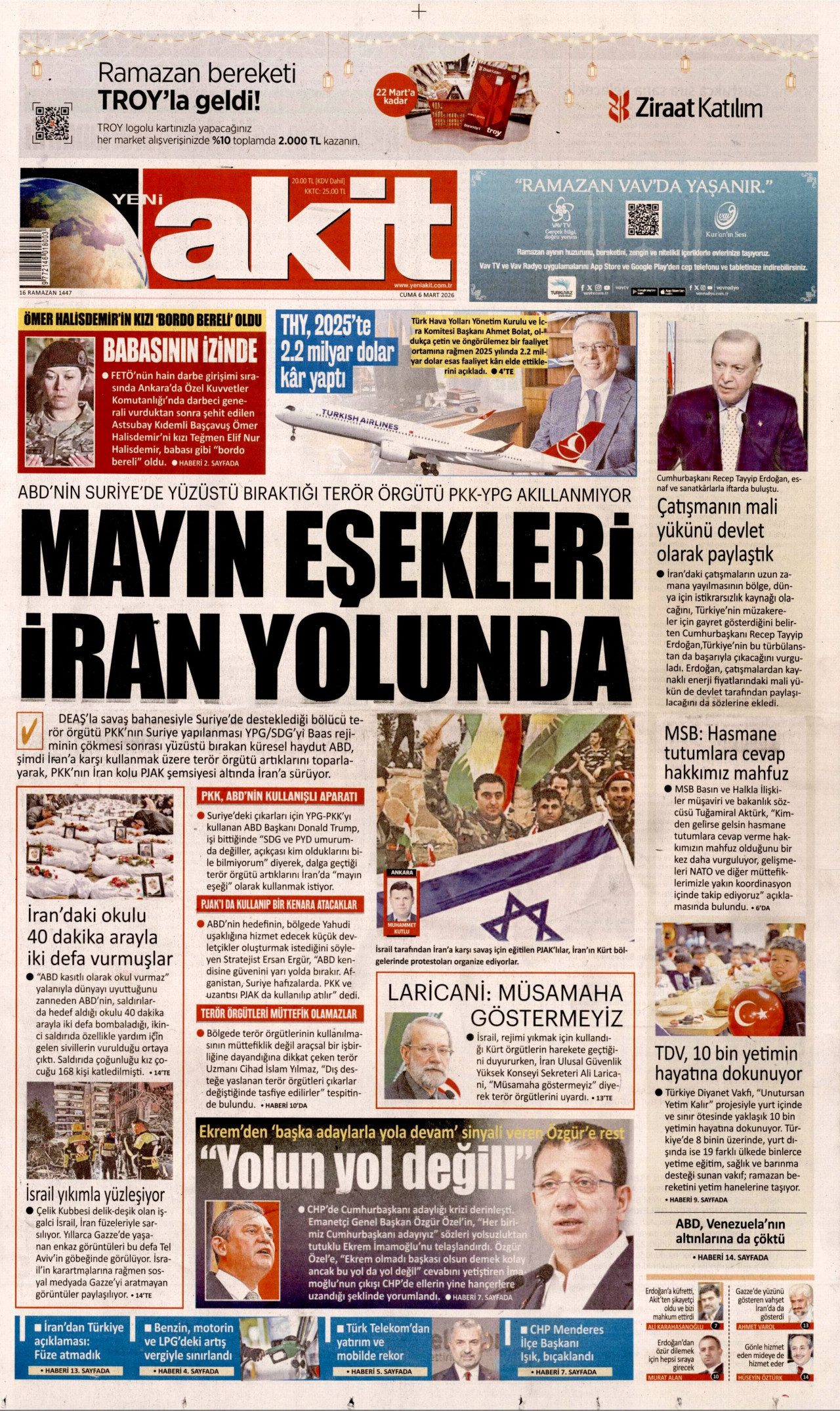 YENİ AKİT gazetesinin 6 Mart 2026 tarihli birinci sayfası