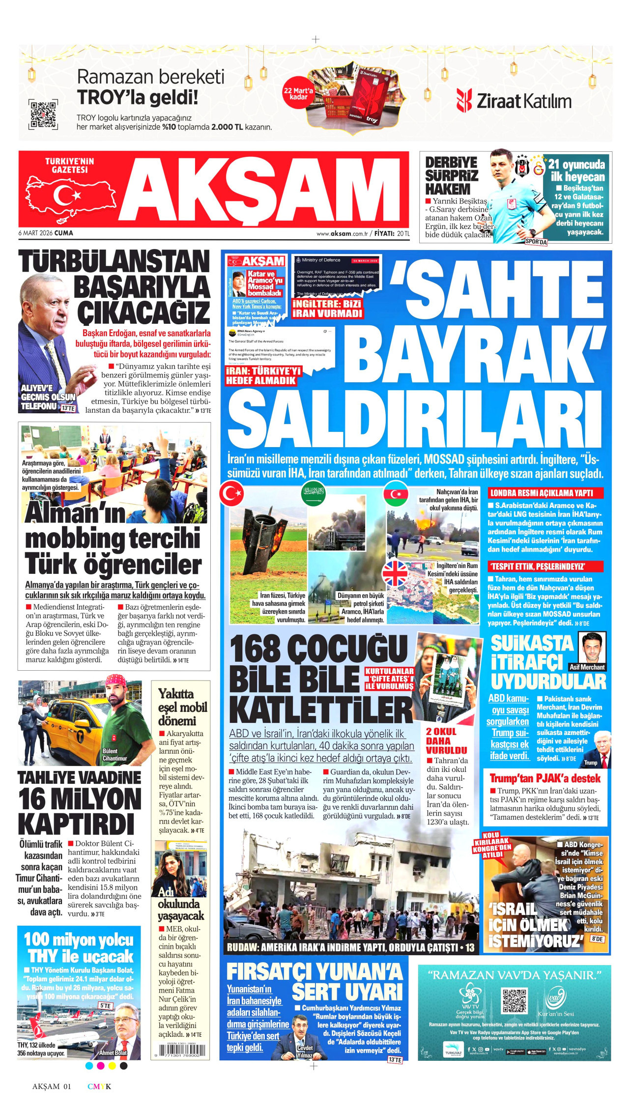 AKŞAM gazetesinin 6 Mart 2026 tarihli birinci sayfası