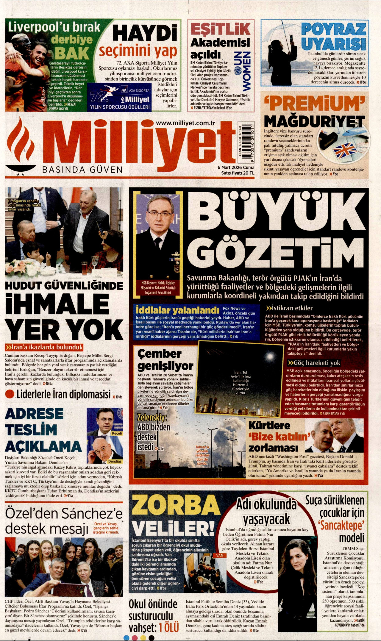 MİLLİYET gazetesinin 6 Mart 2026 tarihli birinci sayfası