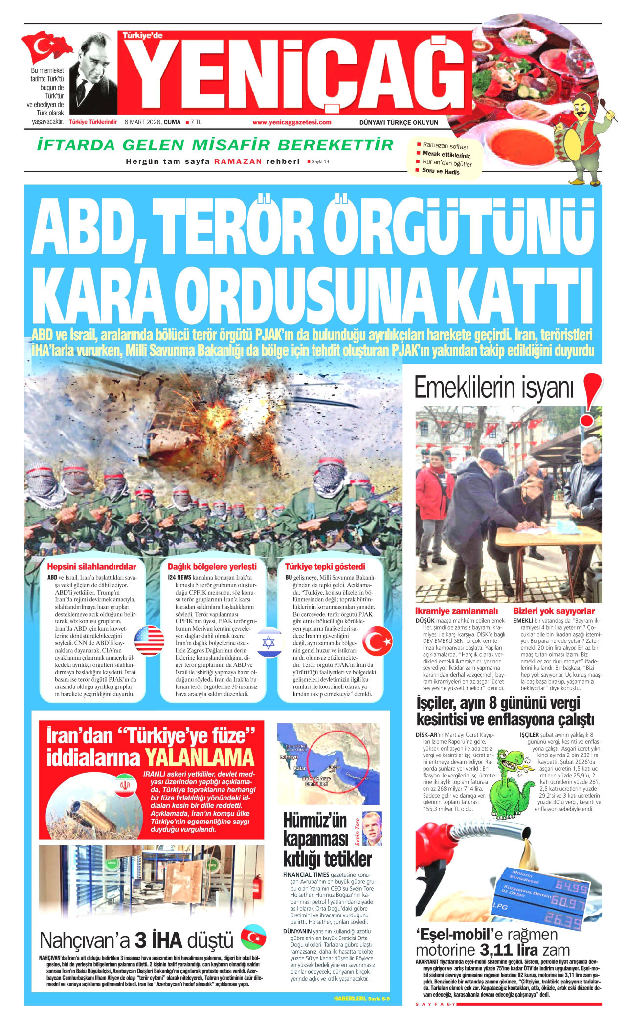 YENİÇAĞ gazetesinin 6 Mart 2026 tarihli birinci sayfası