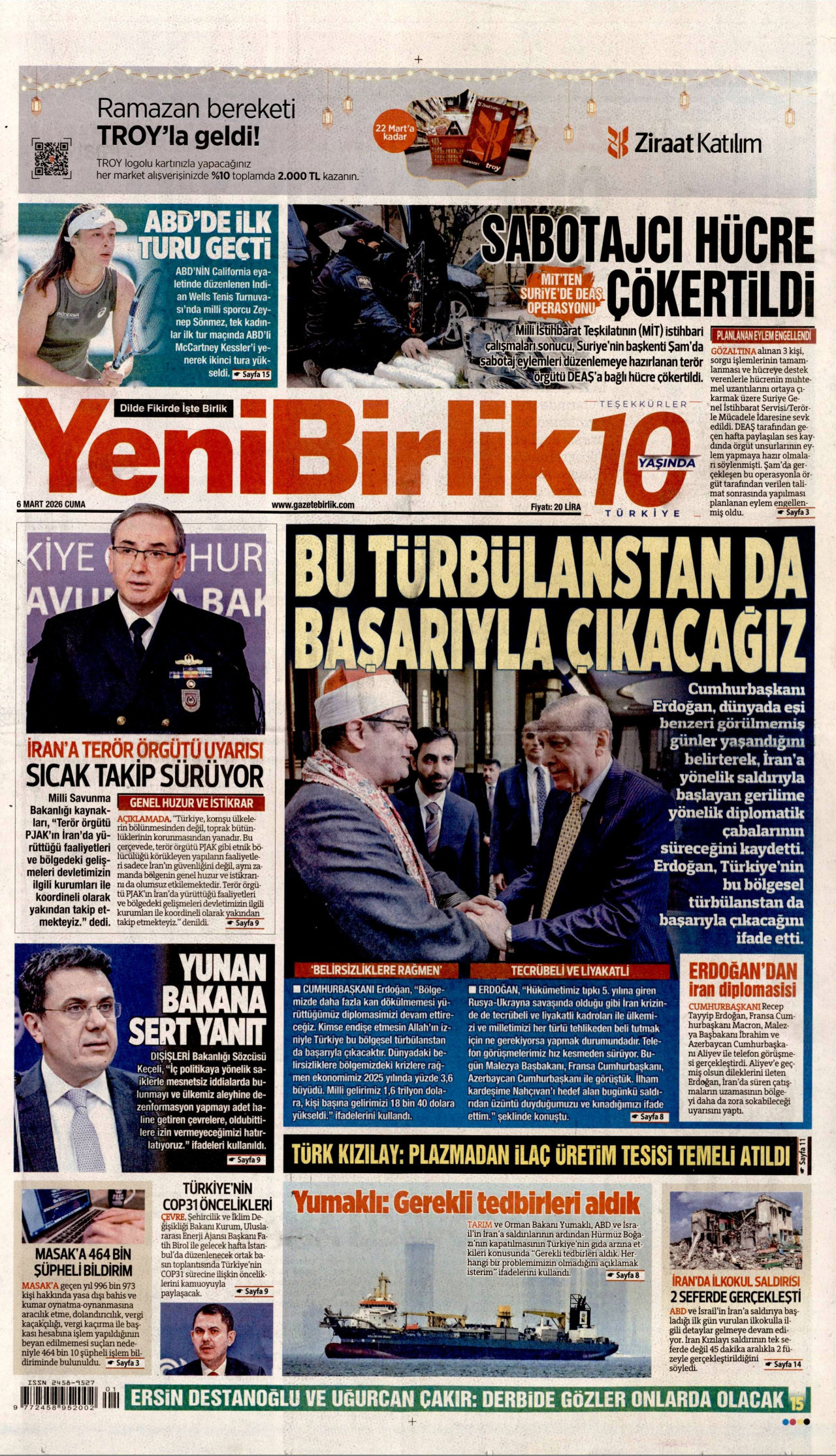 YENİBİRLİK gazetesinin 6 Mart 2026 tarihli birinci sayfası