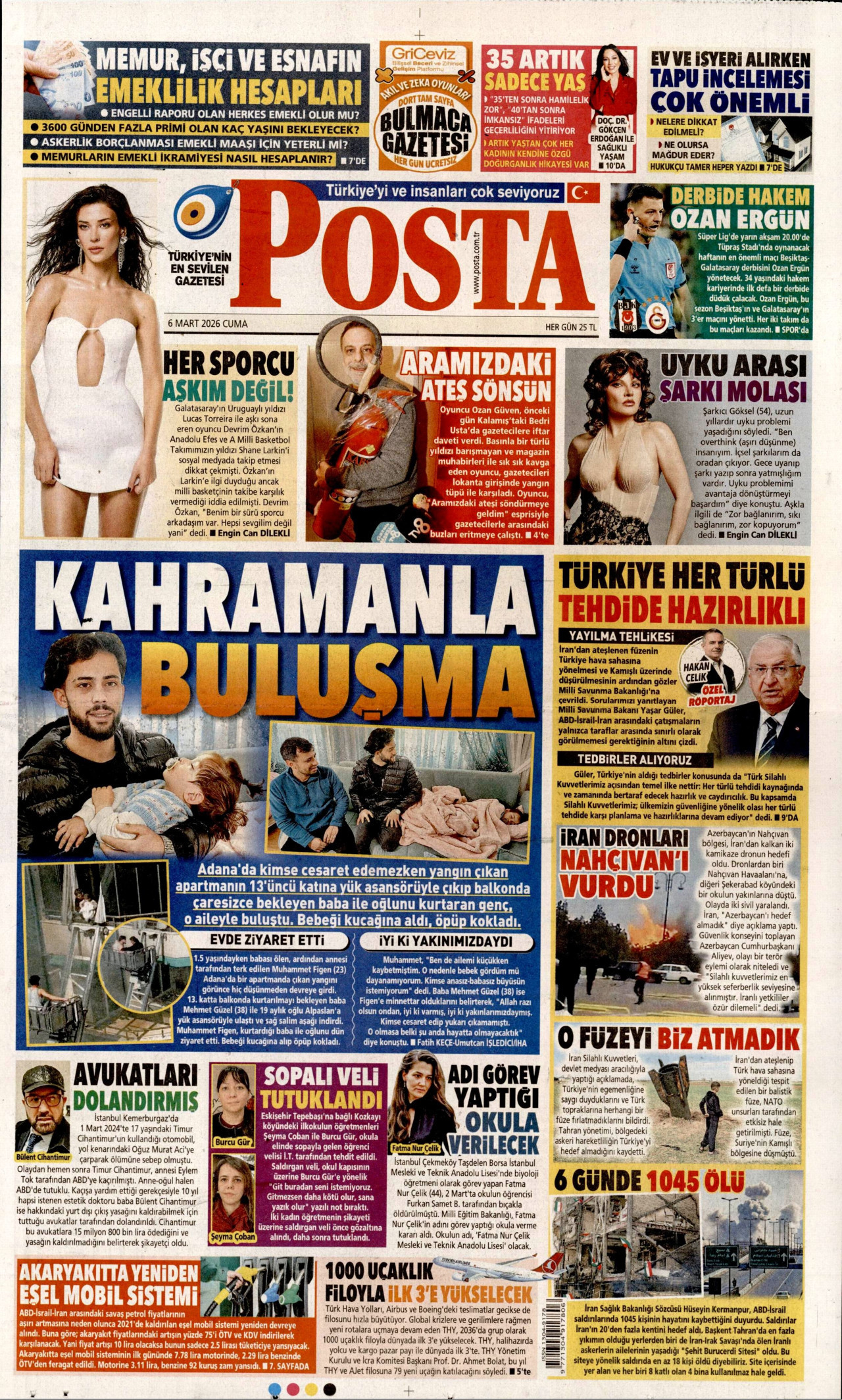 POSTA gazetesinin 6 Mart 2026 tarihli birinci sayfası