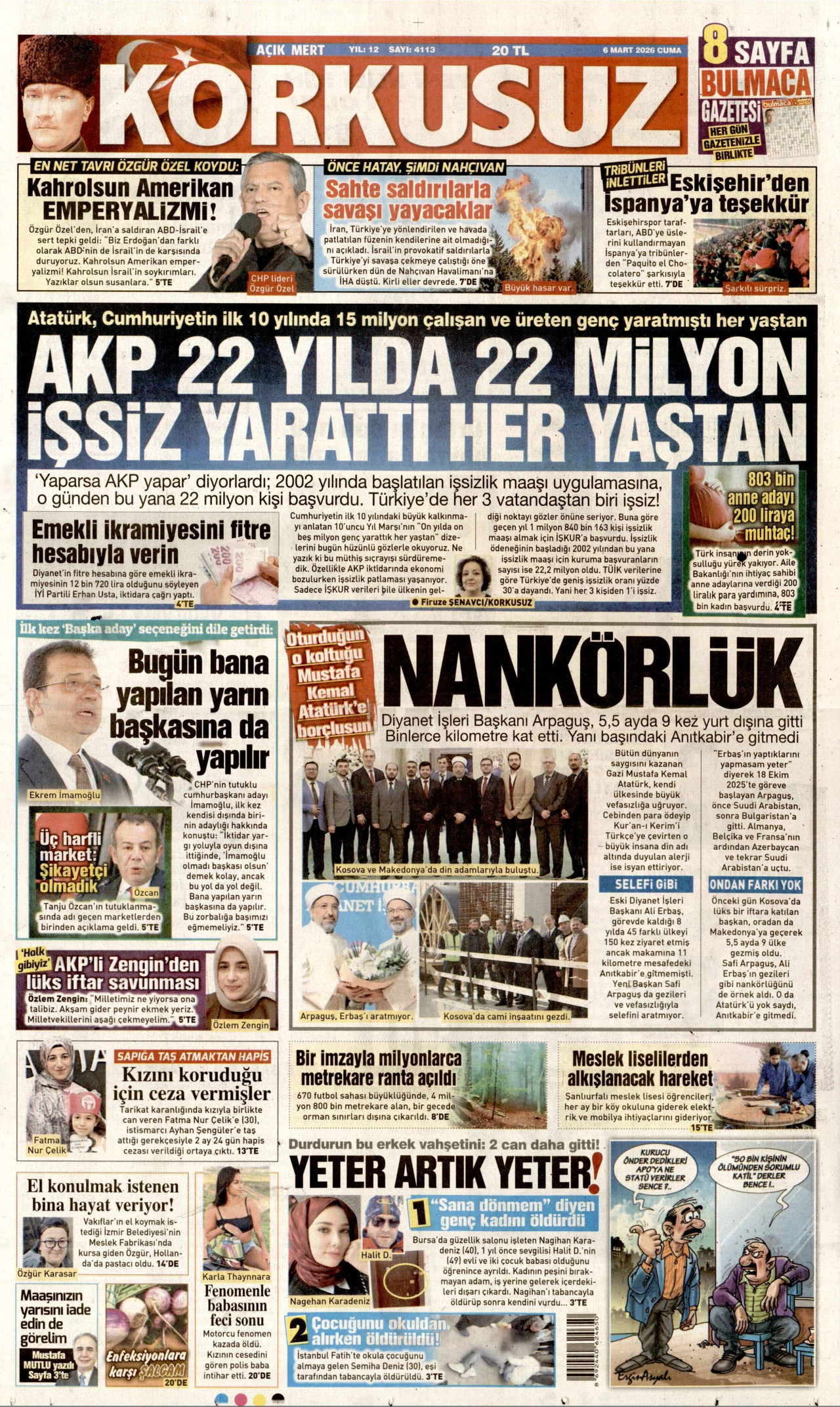 KORKUSUZ gazetesinin 6 Mart 2026 tarihli birinci sayfası