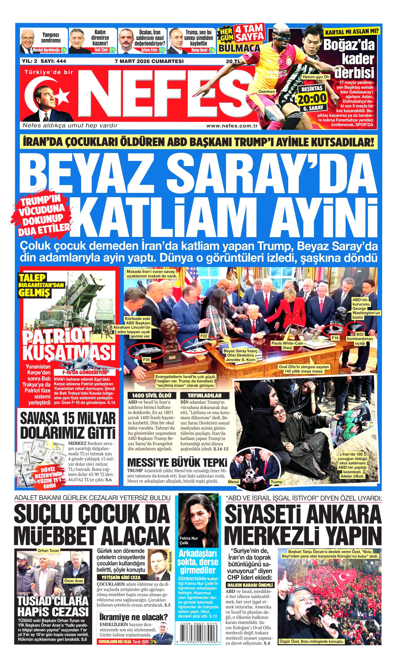 NEFES gazetesinin 7 Mart 2026 tarihli birinci sayfası