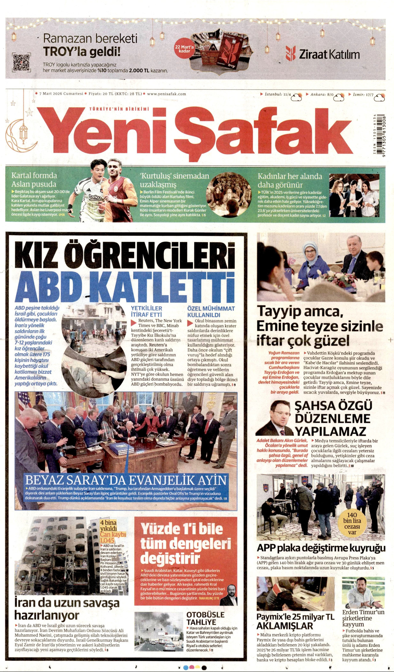 YENİ ŞAFAK gazetesinin 7 Mart 2026 tarihli birinci sayfası