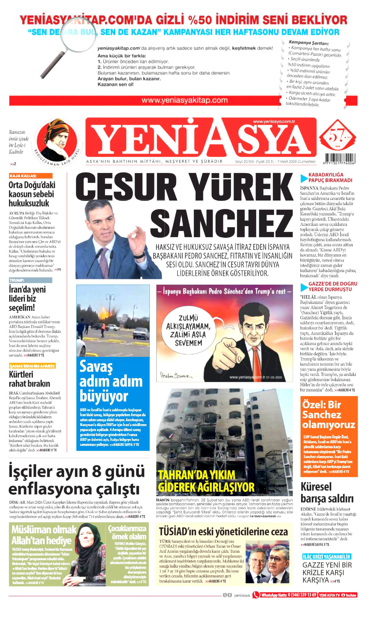 YENİ ASYA gazetesinin 7 Mart 2026 tarihli birinci sayfası