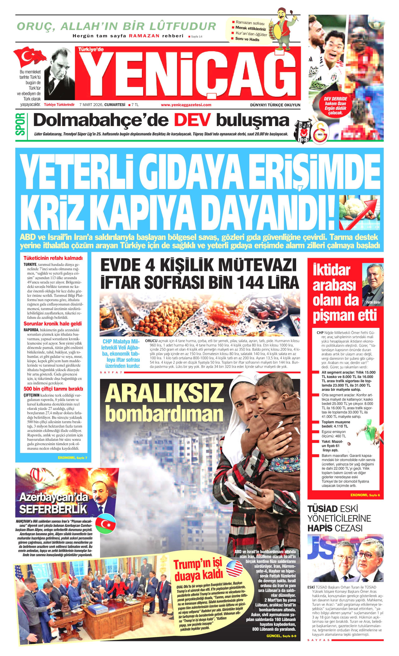YENİÇAĞ gazetesinin 7 Mart 2026 tarihli birinci sayfası