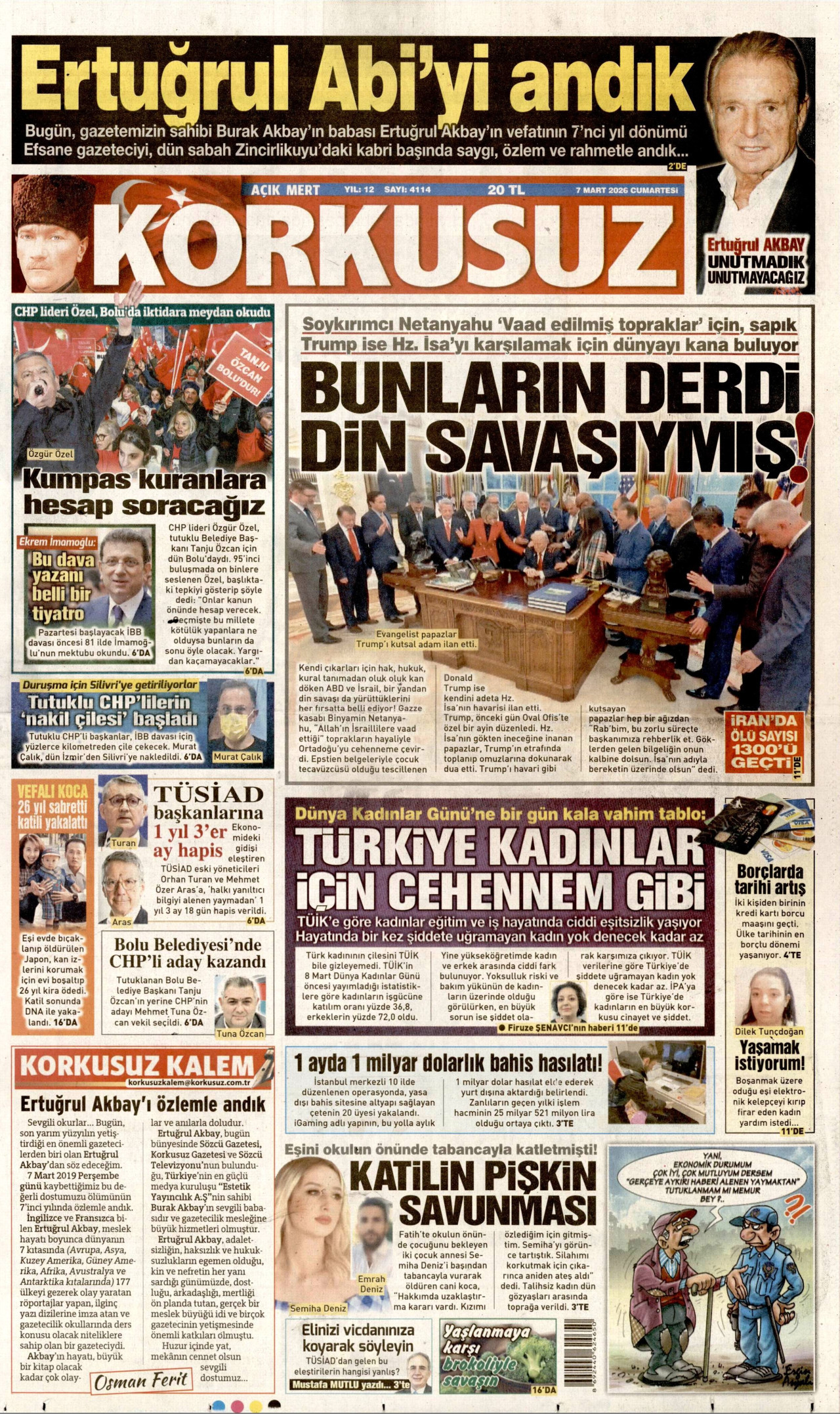 KORKUSUZ gazetesinin 7 Mart 2026 tarihli birinci sayfası