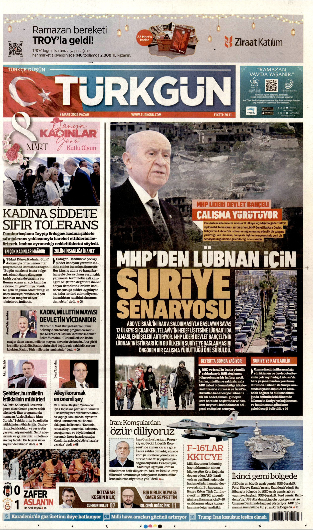 TÜRKGÜN gazetesinin 8 Mart 2026 tarihli birinci sayfası