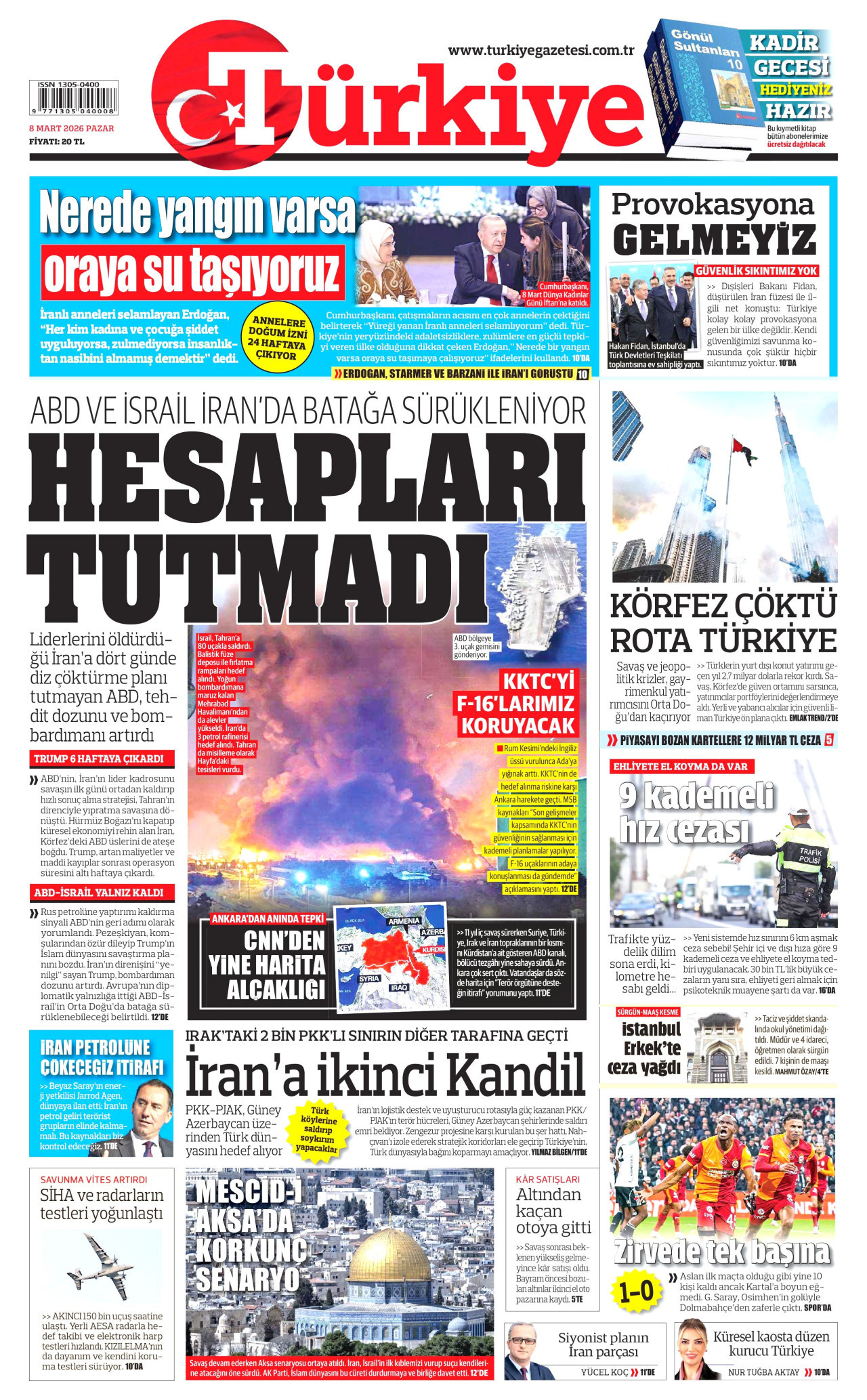 TÜRKİYE GAZETESİ gazetesinin 8 Mart 2026 tarihli birinci sayfası