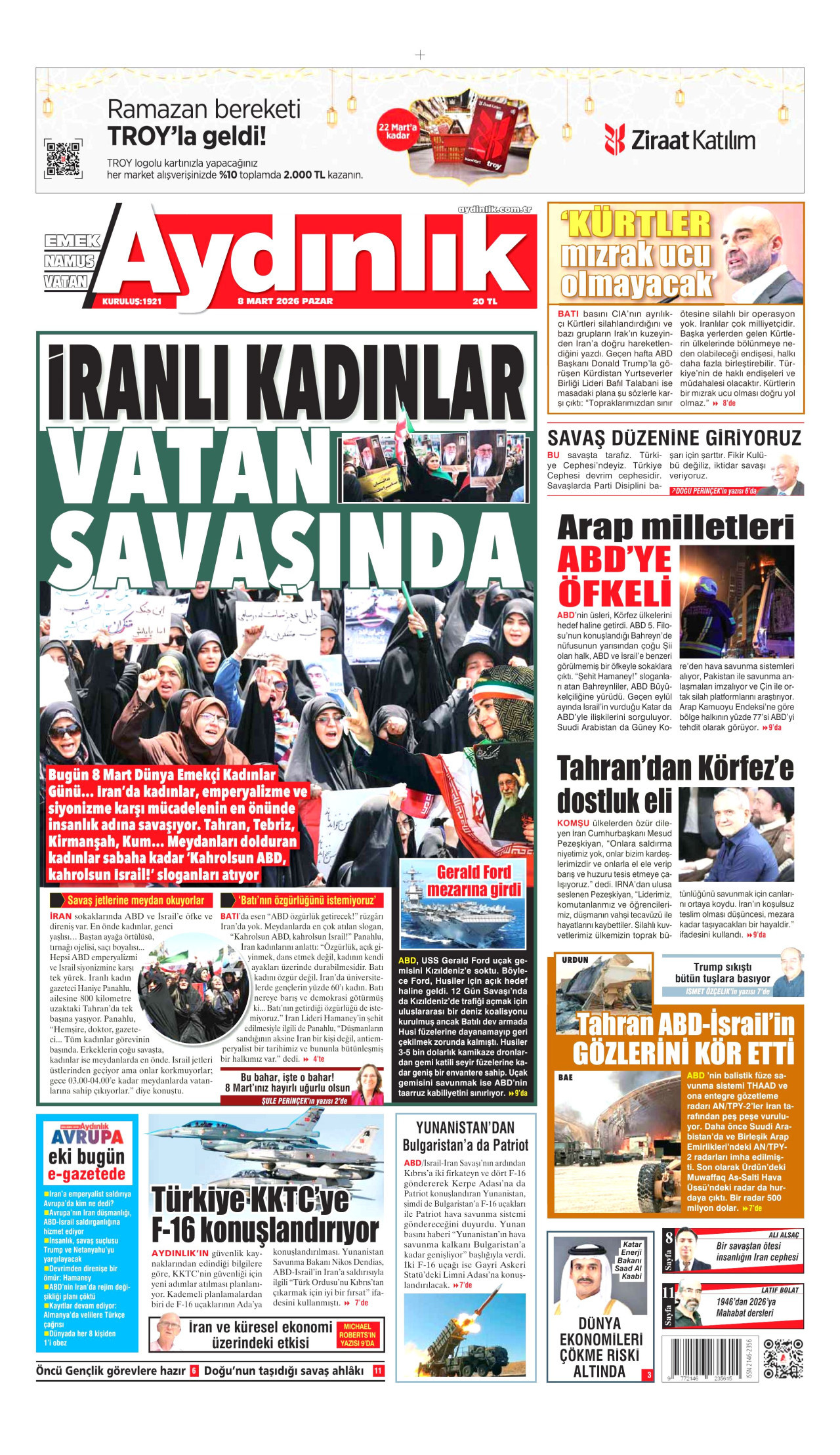 AYDINLIK GAZETESİ gazetesinin 8 Mart 2026 tarihli birinci sayfası