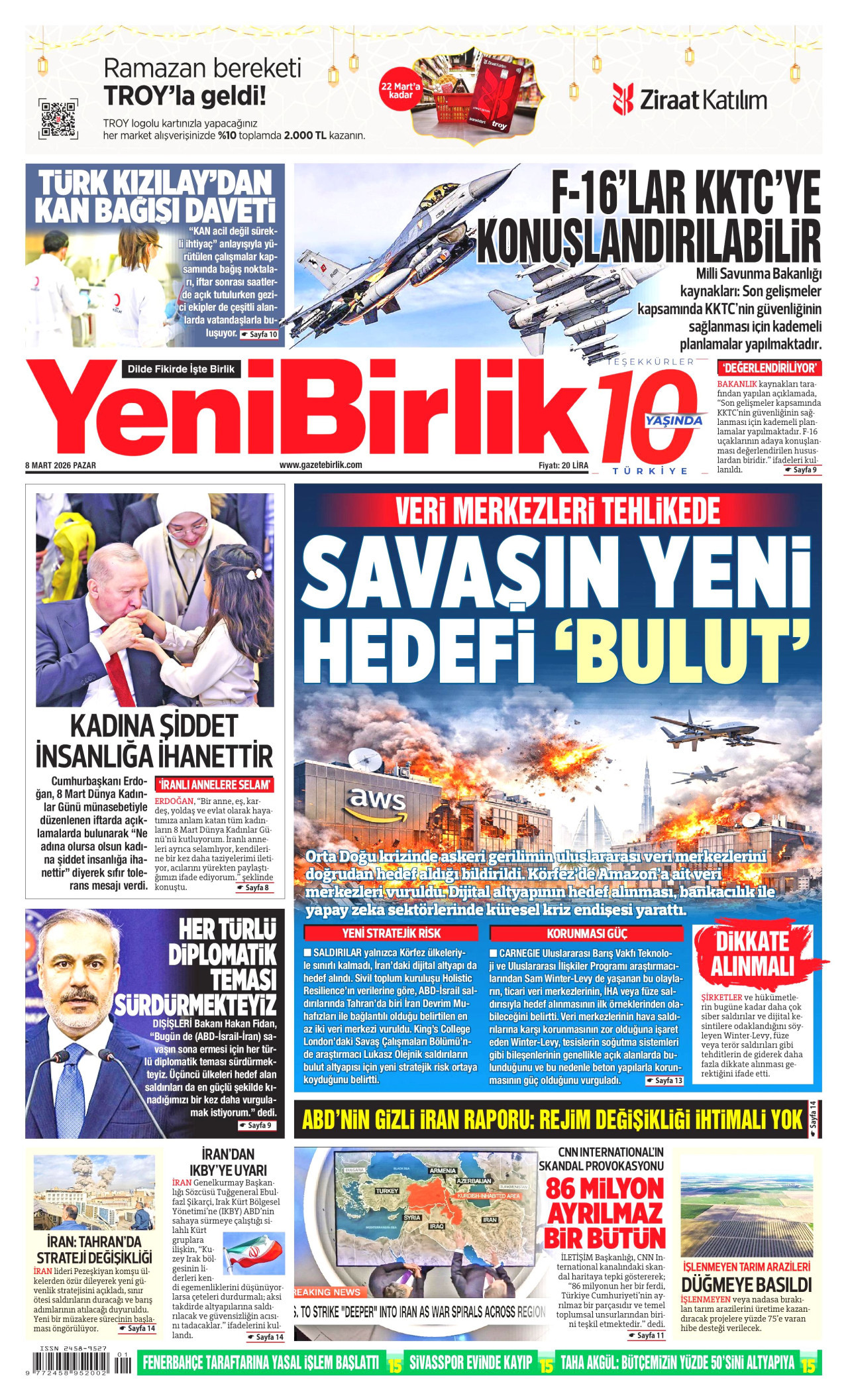 YENİBİRLİK gazetesinin 8 Mart 2026 tarihli birinci sayfası