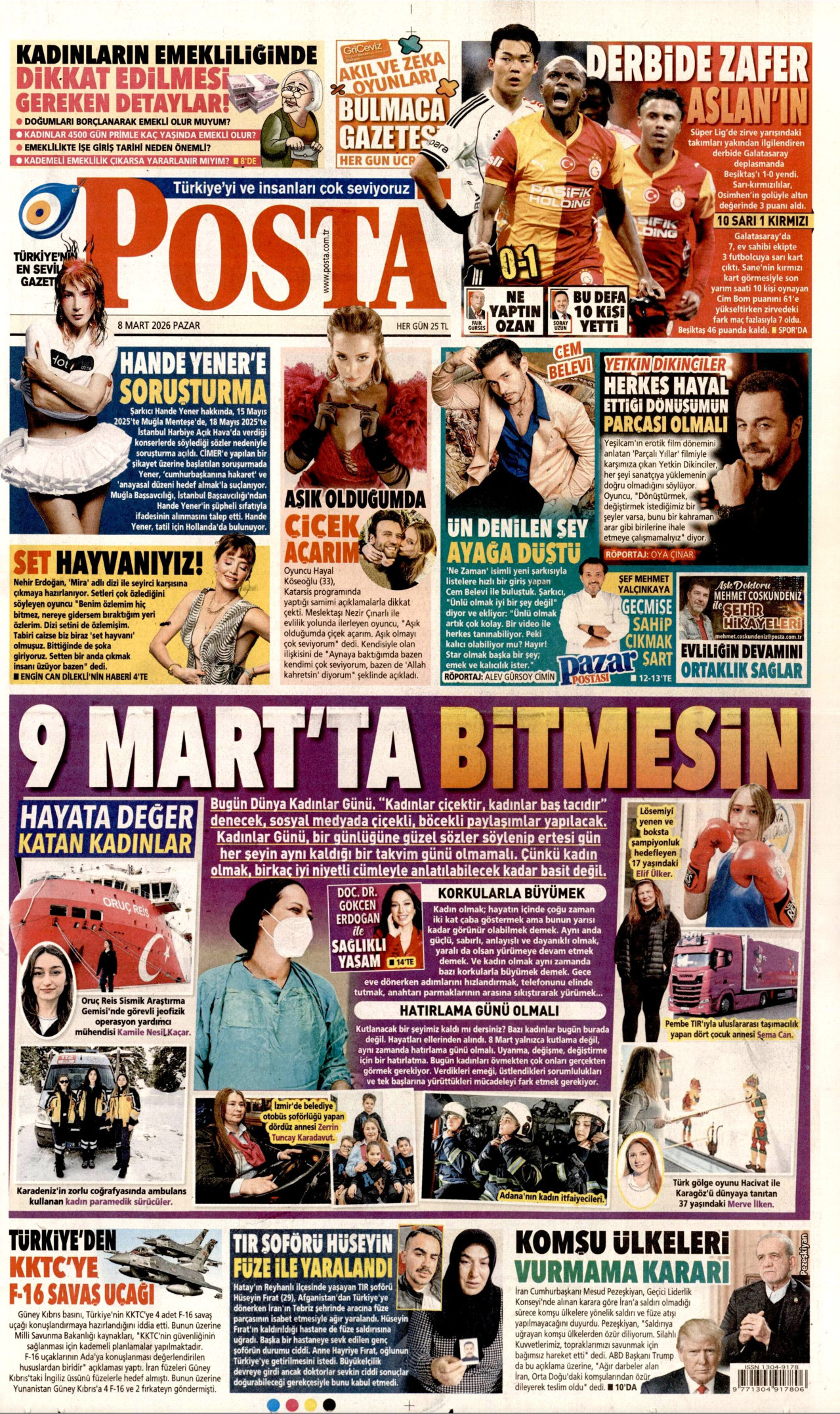 POSTA gazetesinin 8 Mart 2026 tarihli birinci sayfası