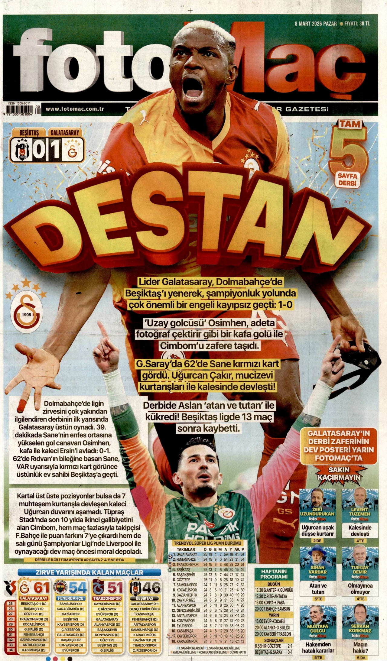 FOTOMAÇ gazetesinin 8 Mart 2026 tarihli birinci sayfası