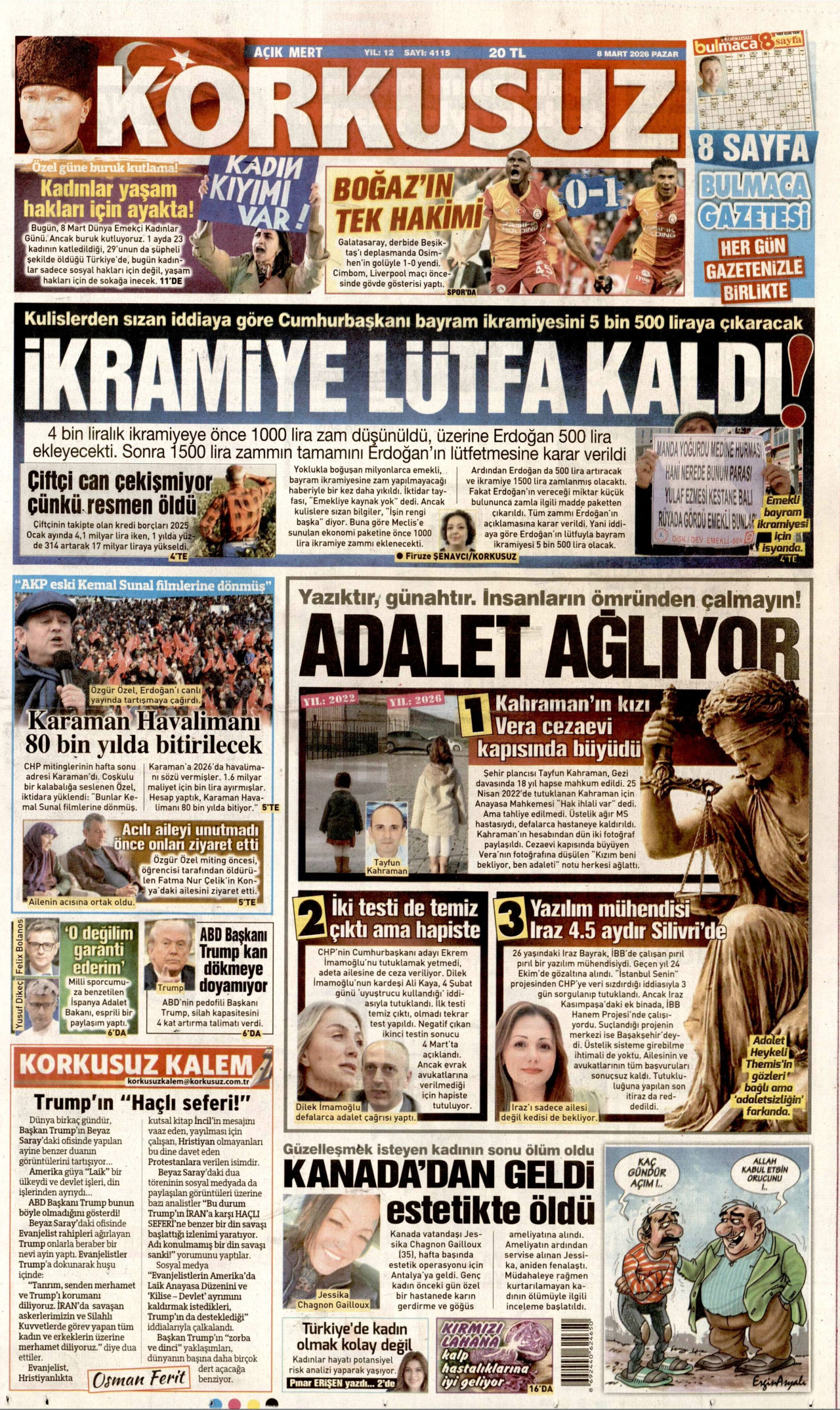 KORKUSUZ gazetesinin 8 Mart 2026 tarihli birinci sayfası