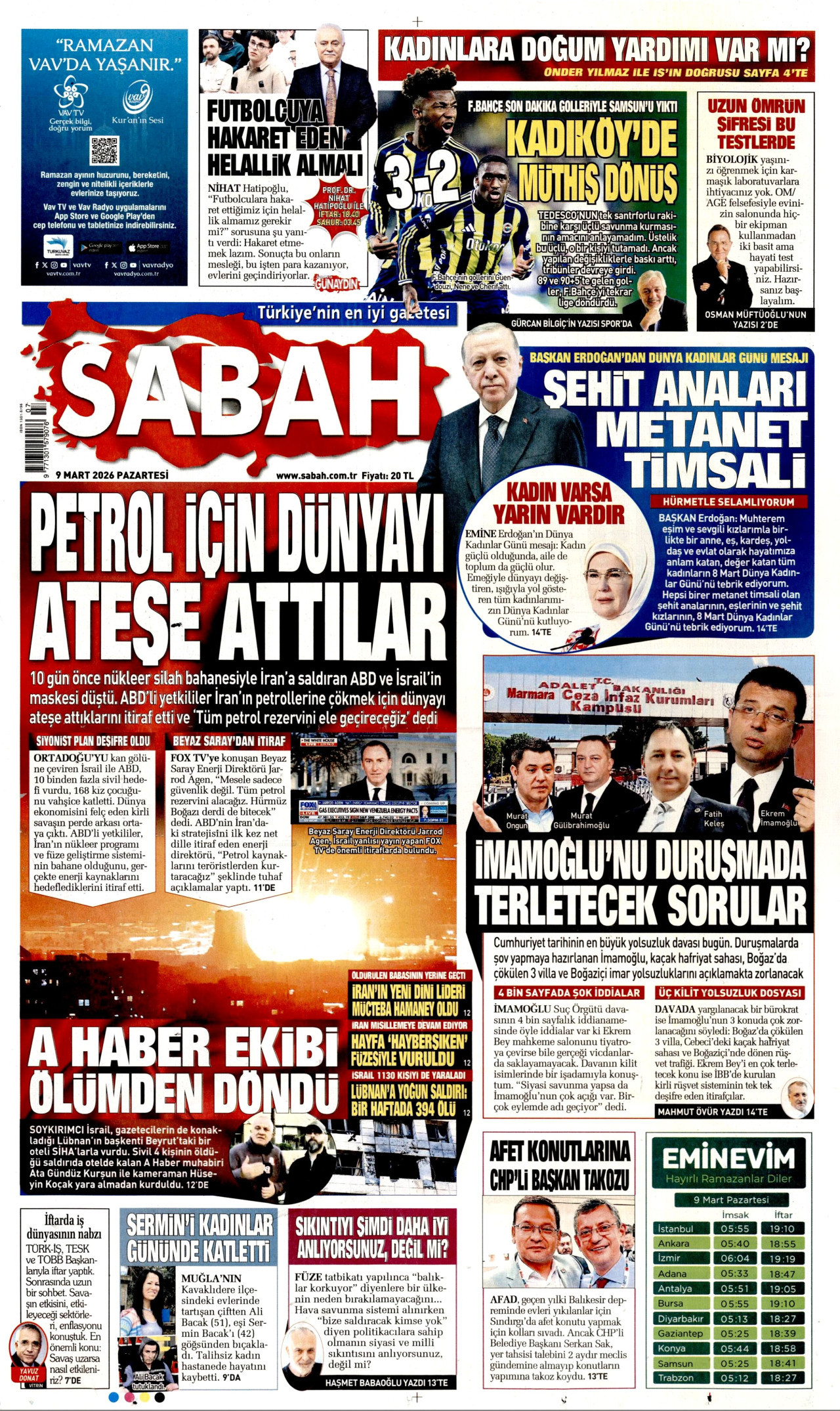 SABAH gazetesinin 9 Mart 2026 tarihli birinci sayfası