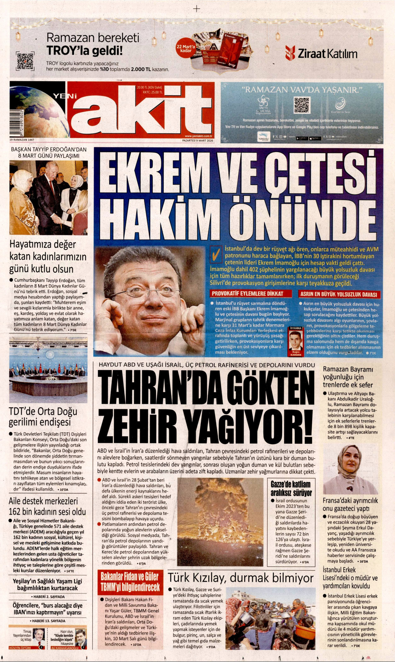 YENİ AKİT gazetesinin 9 Mart 2026 tarihli birinci sayfası