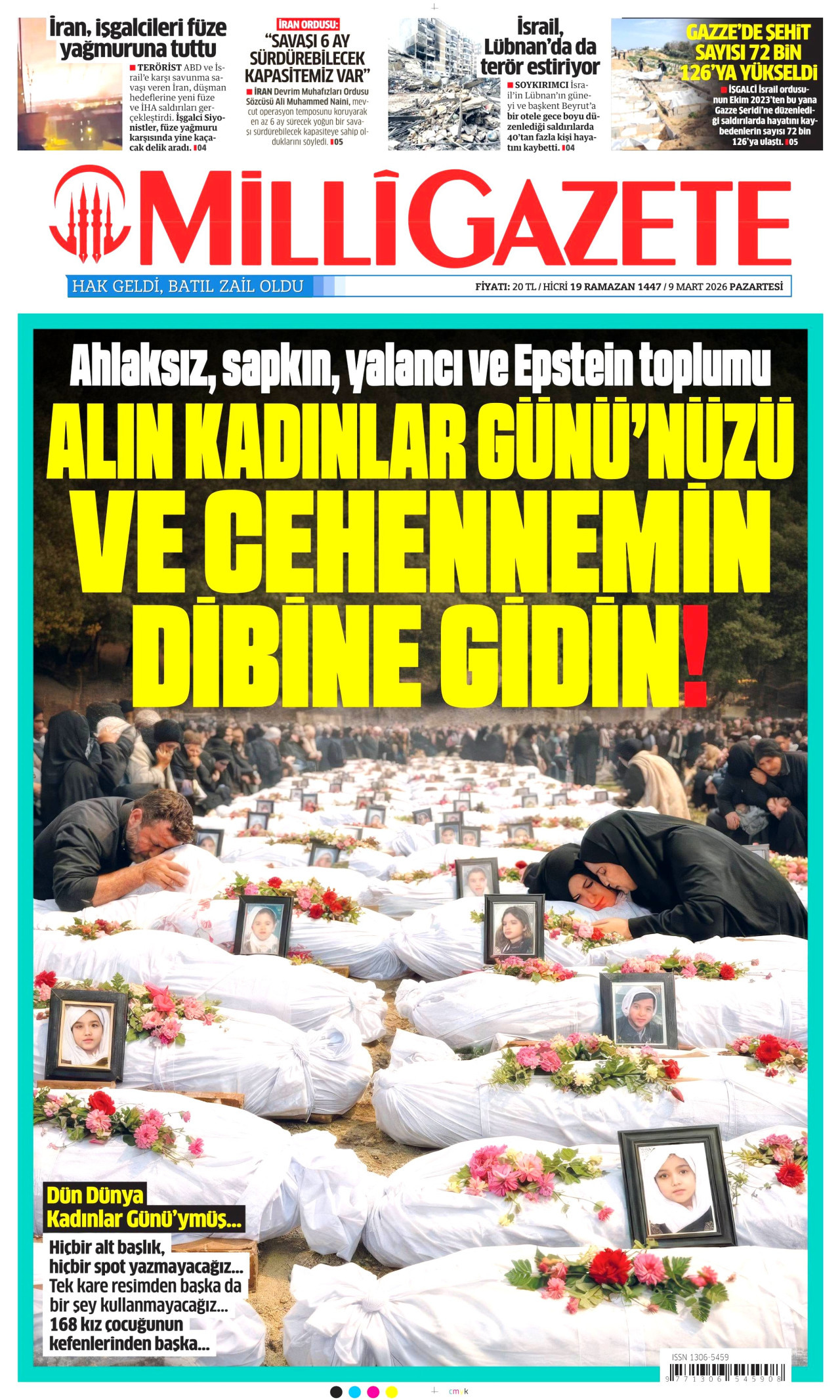 MİLLİ GAZETE gazetesinin 9 Mart 2026 tarihli birinci sayfası