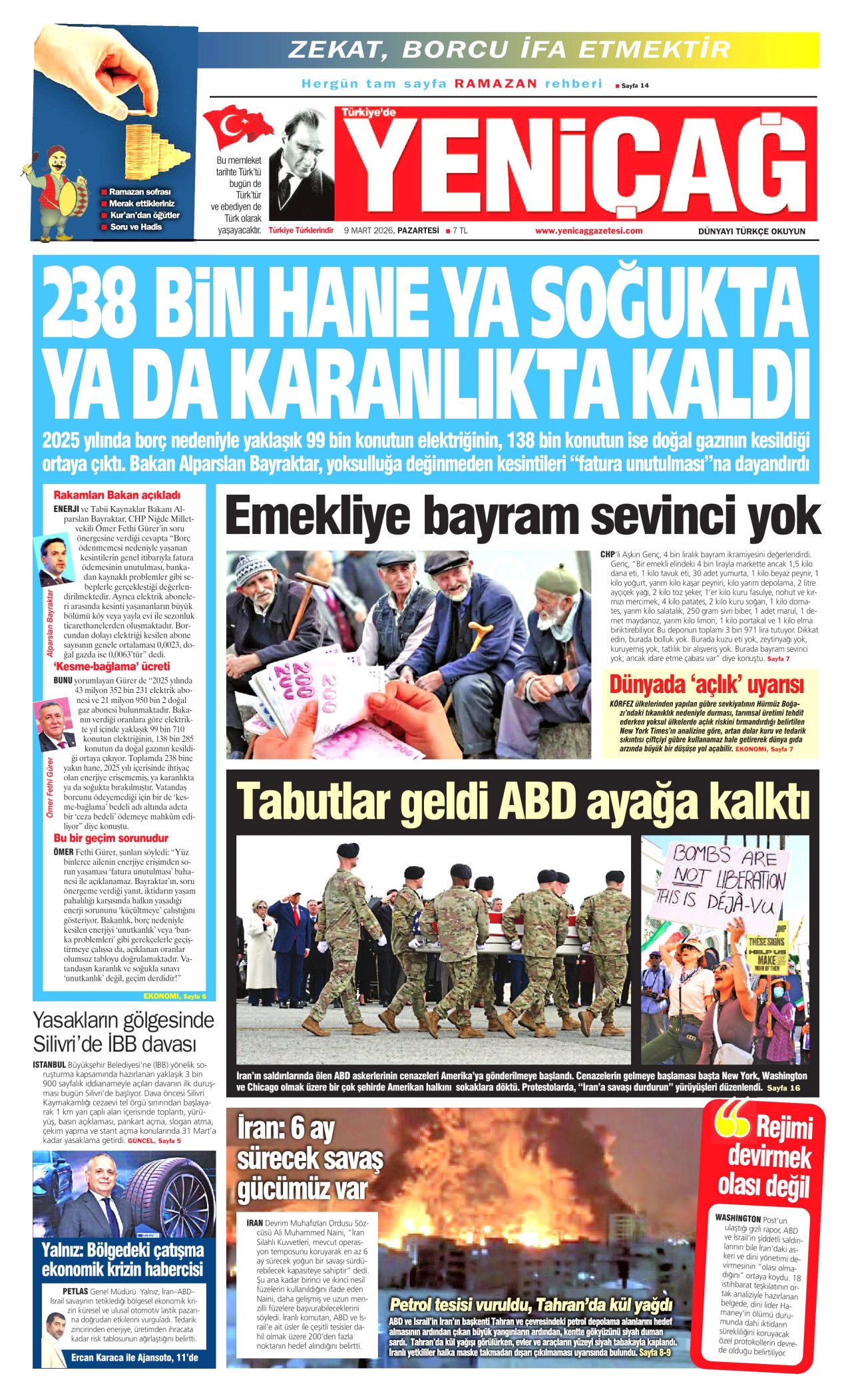 YENİÇAĞ gazetesinin 9 Mart 2026 tarihli birinci sayfası