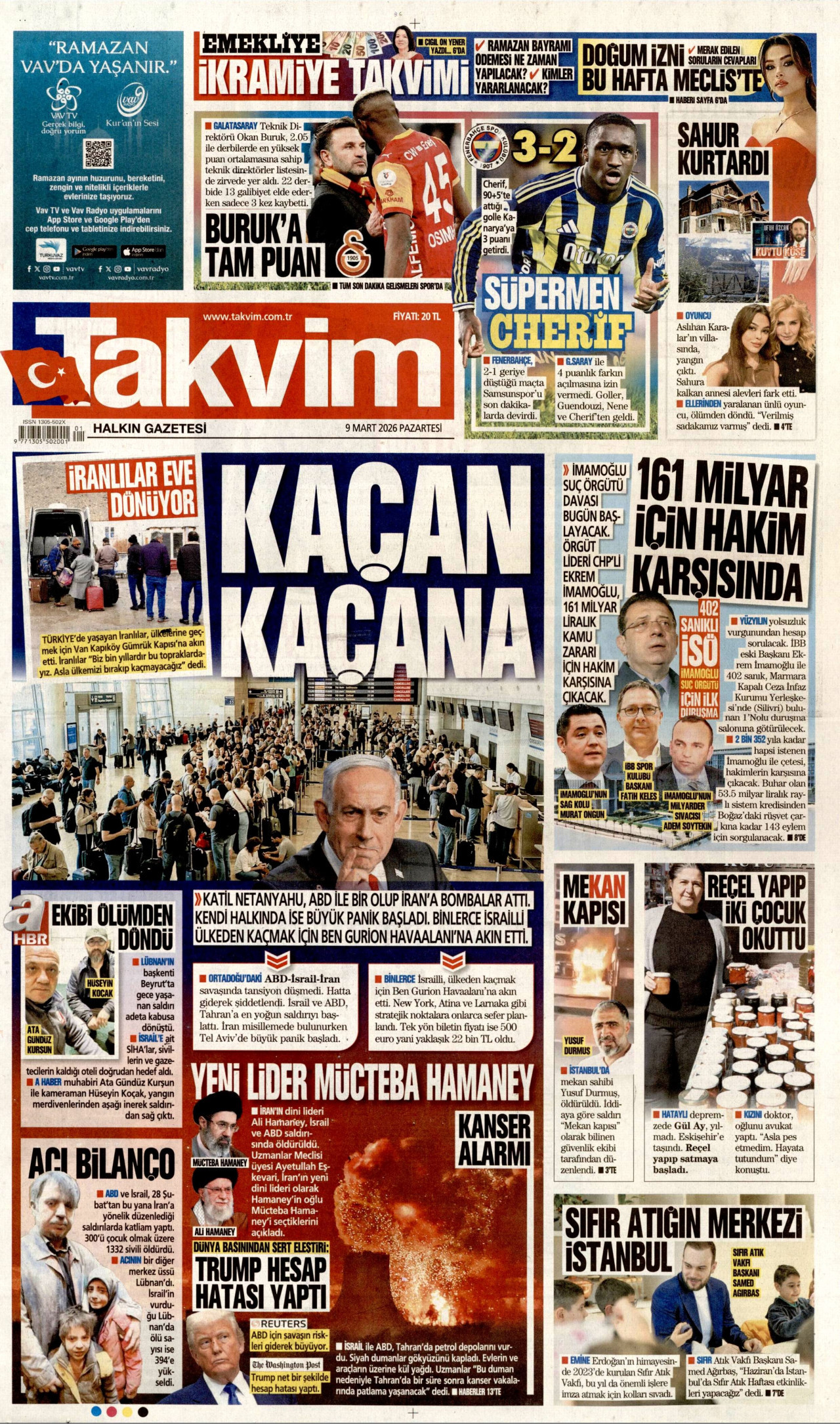 TAKVİM gazetesinin 9 Mart 2026 tarihli birinci sayfası