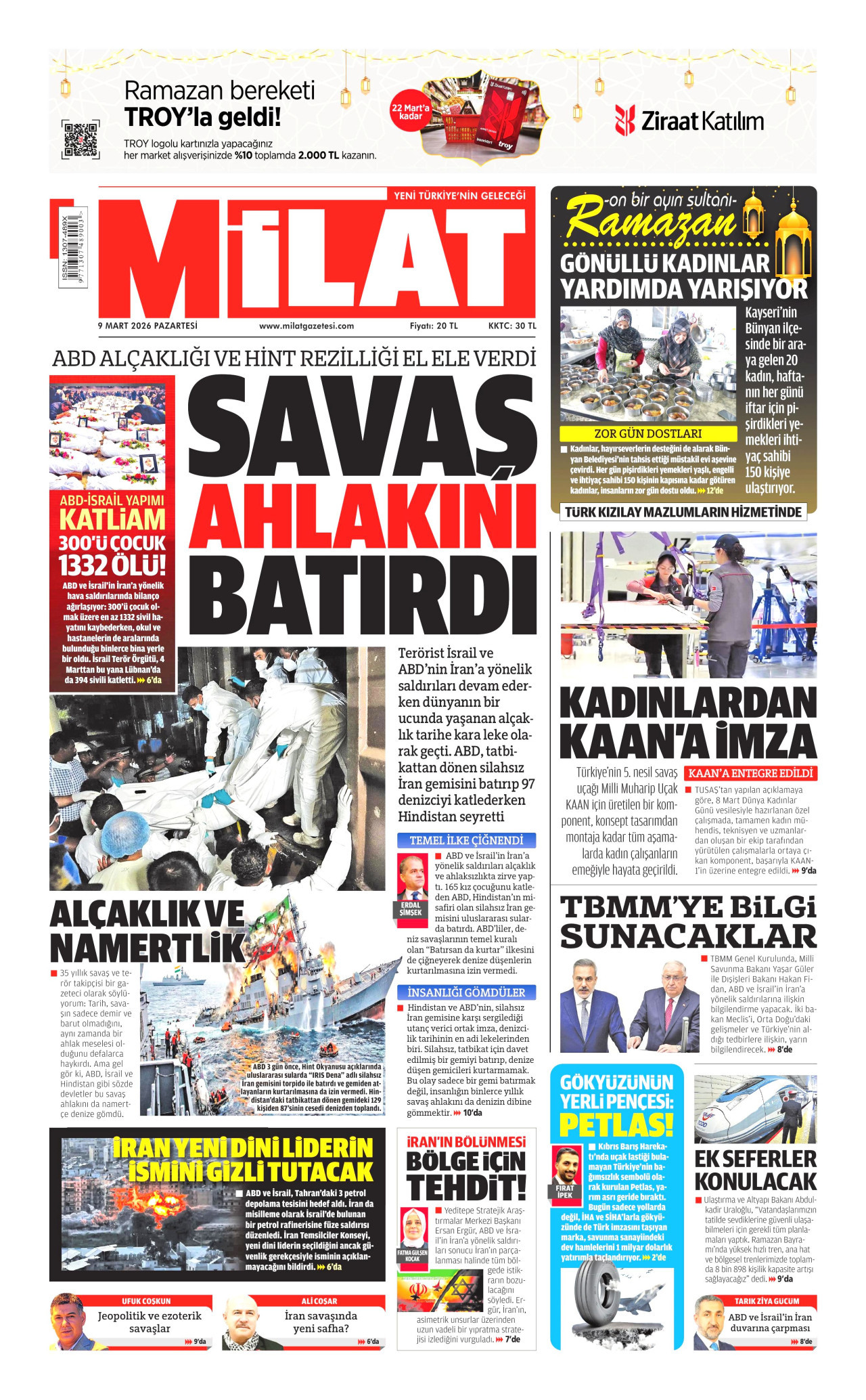 MİLAT gazetesinin 9 Mart 2026 tarihli birinci sayfası