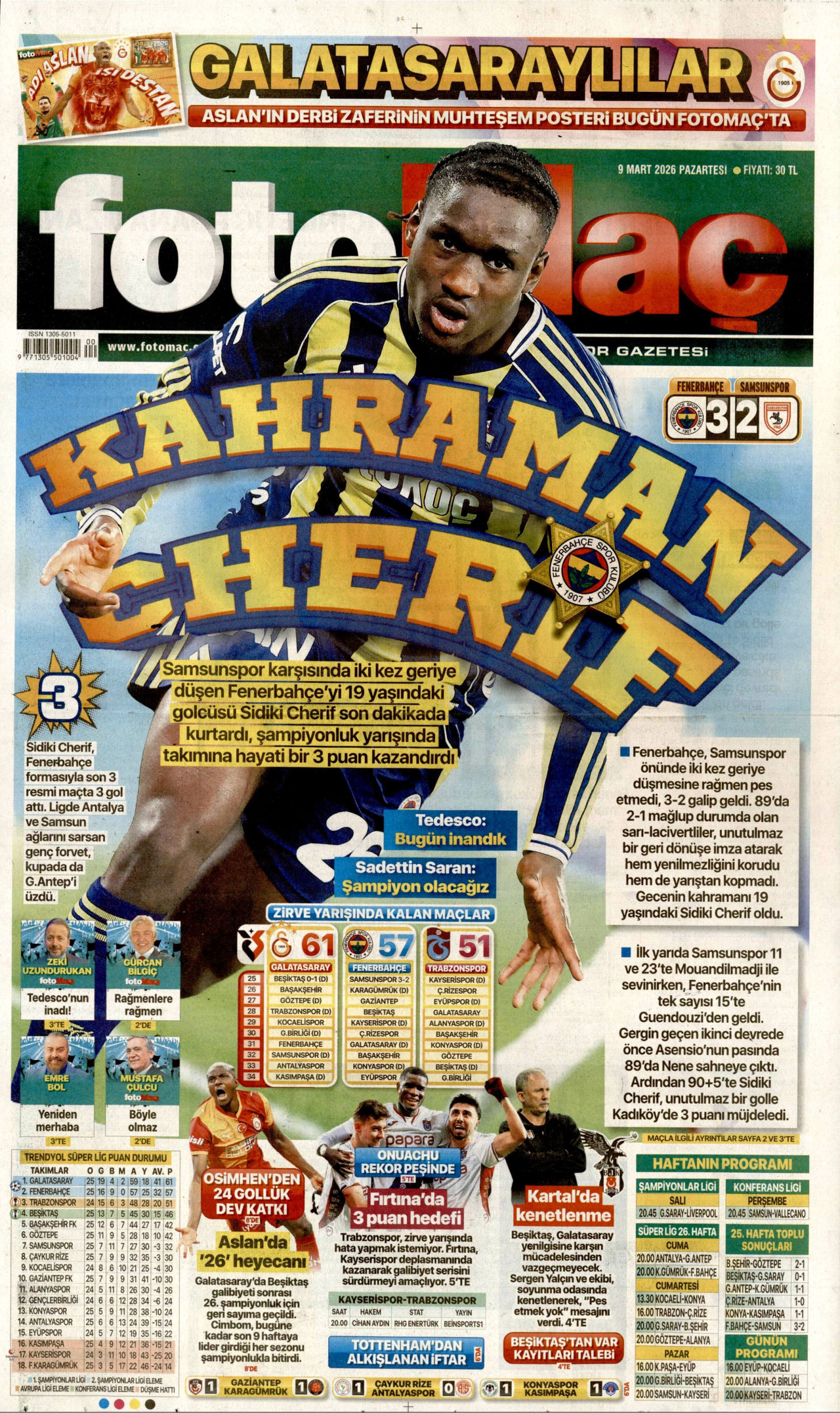 FOTOMAÇ gazetesinin 9 Mart 2026 tarihli birinci sayfası