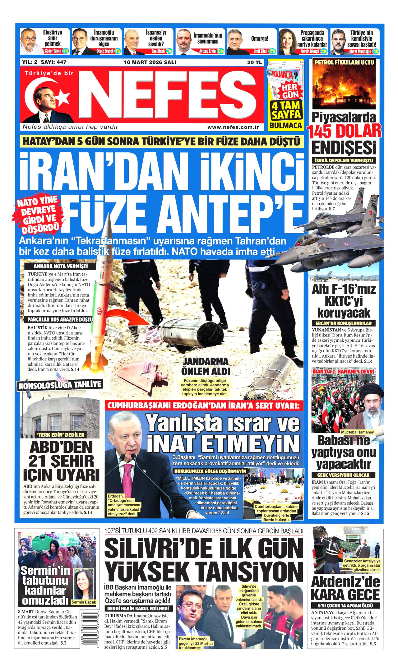 NEFES gazetesinin 10 Mart 2026 tarihli birinci sayfası