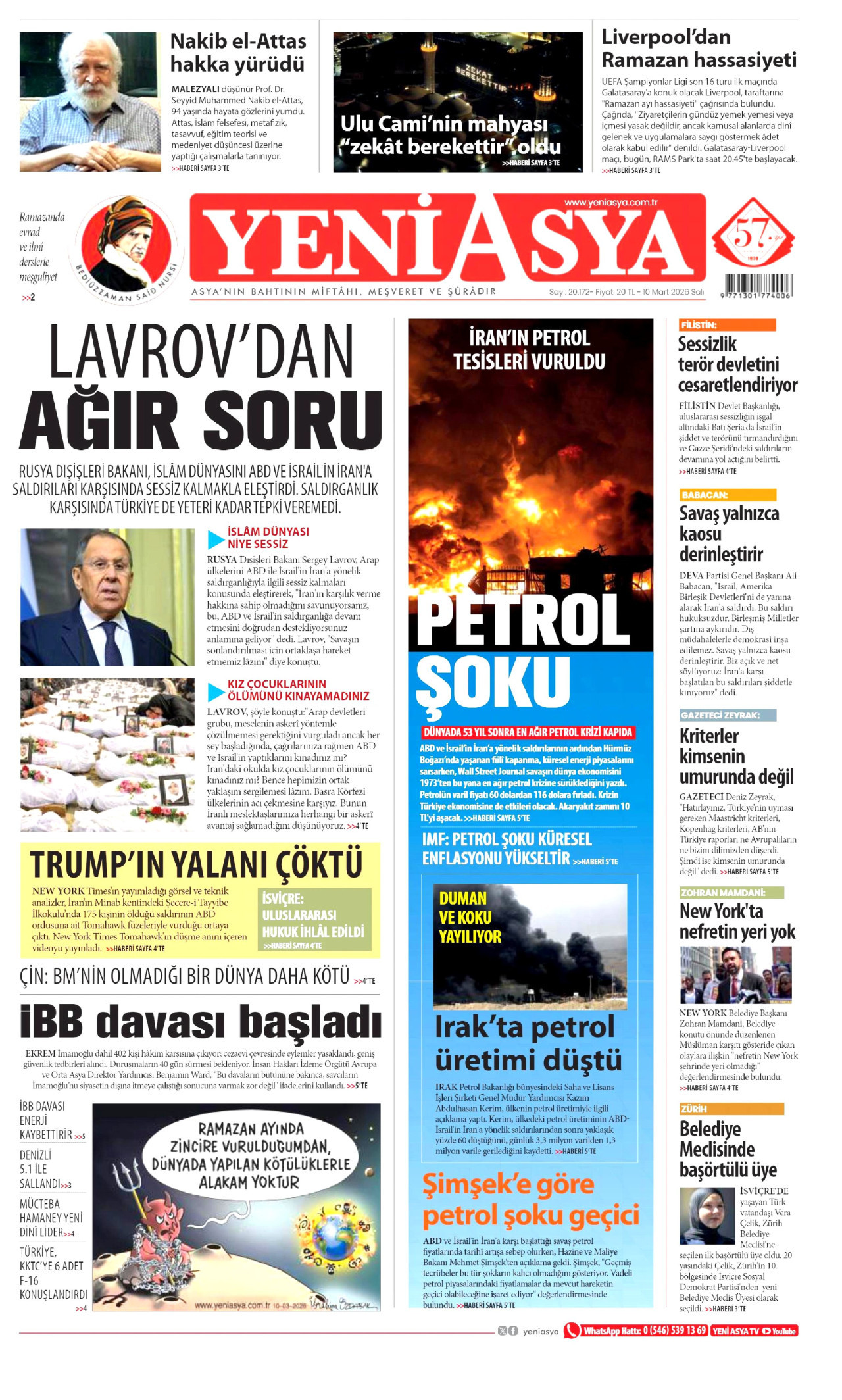 YENİ ASYA gazetesinin 10 Mart 2026 tarihli birinci sayfası
