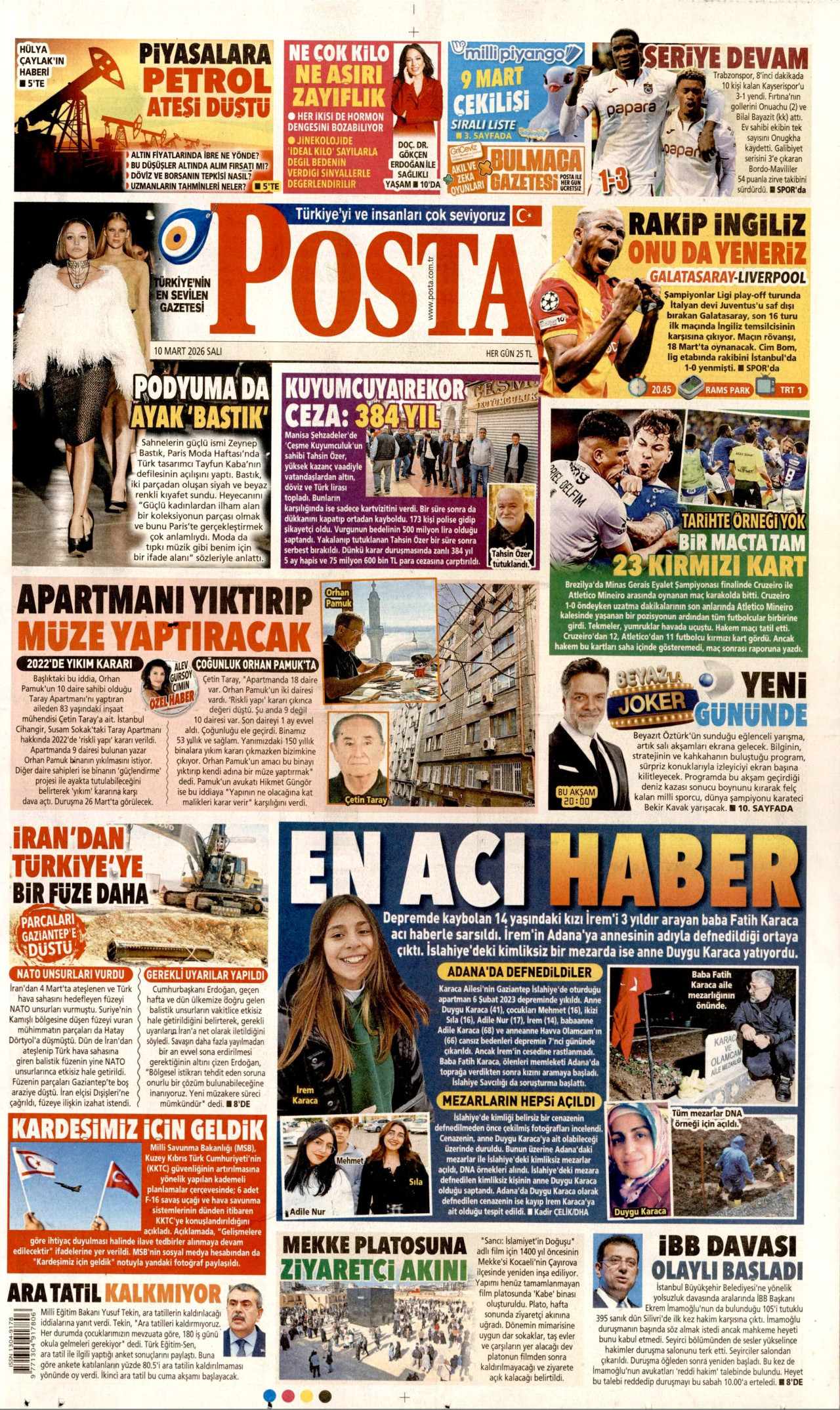 POSTA gazetesinin 10 Mart 2026 tarihli birinci sayfası