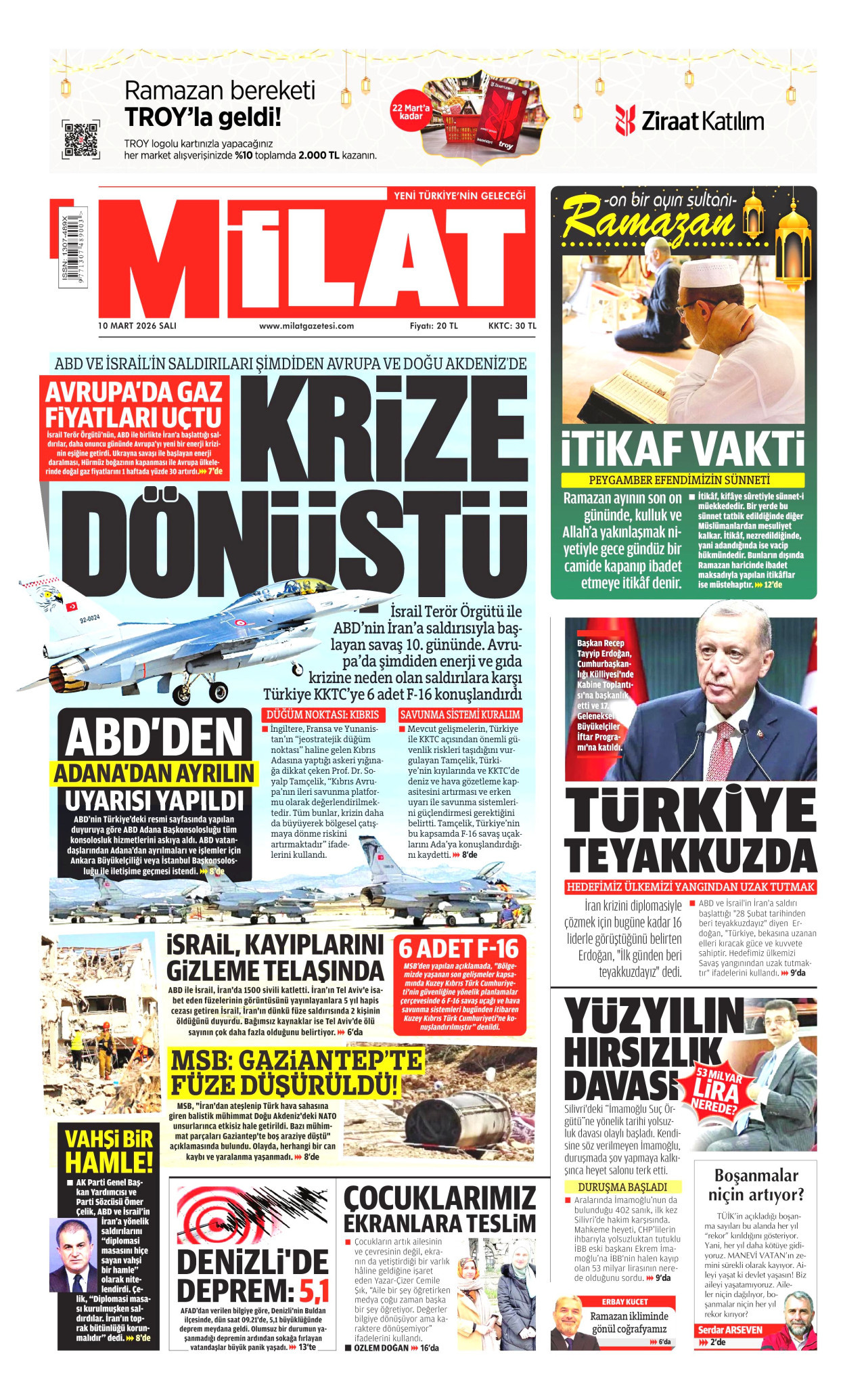 MİLAT gazetesinin 10 Mart 2026 tarihli birinci sayfası