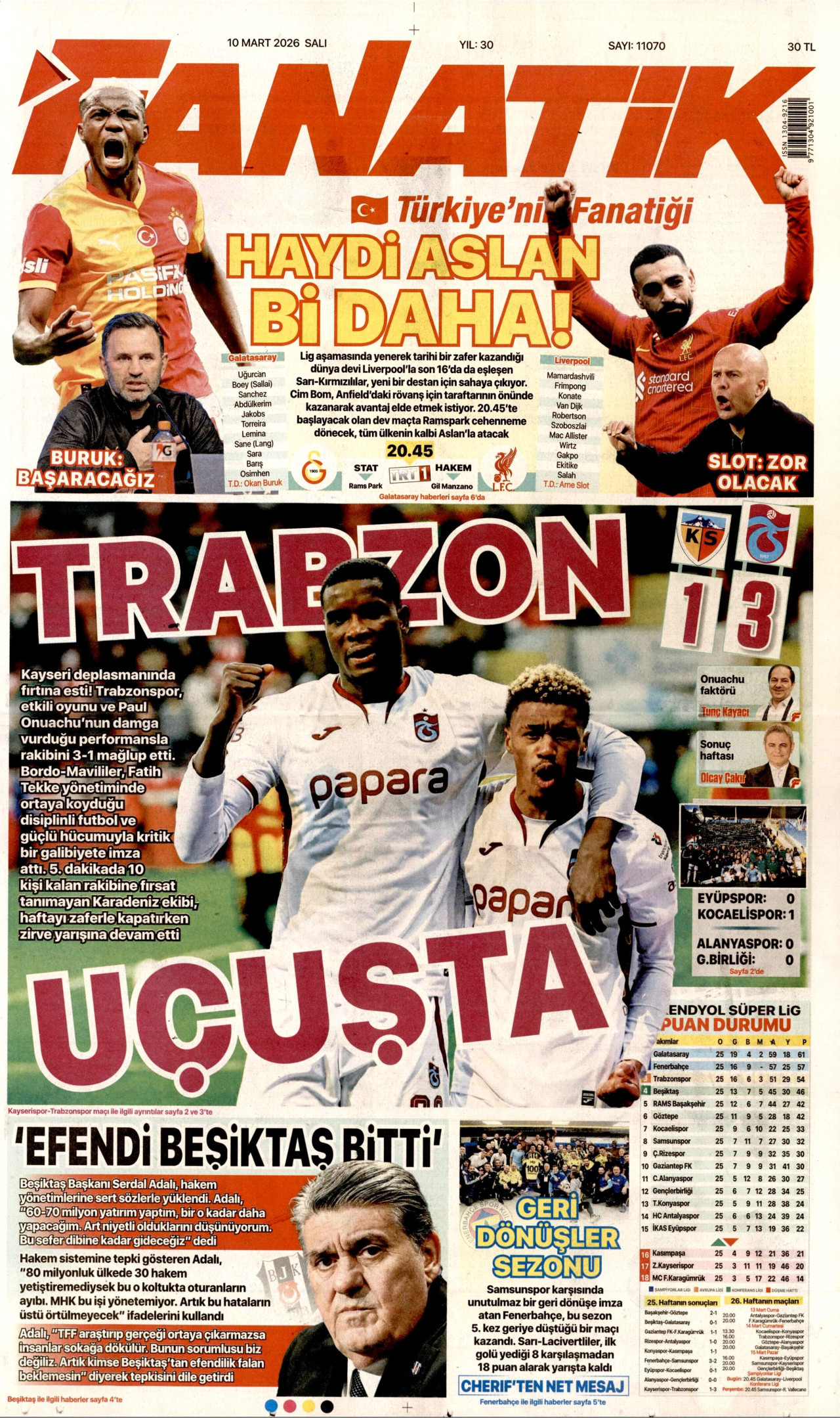 FANATİK gazetesinin 10 Mart 2026 tarihli birinci sayfası
