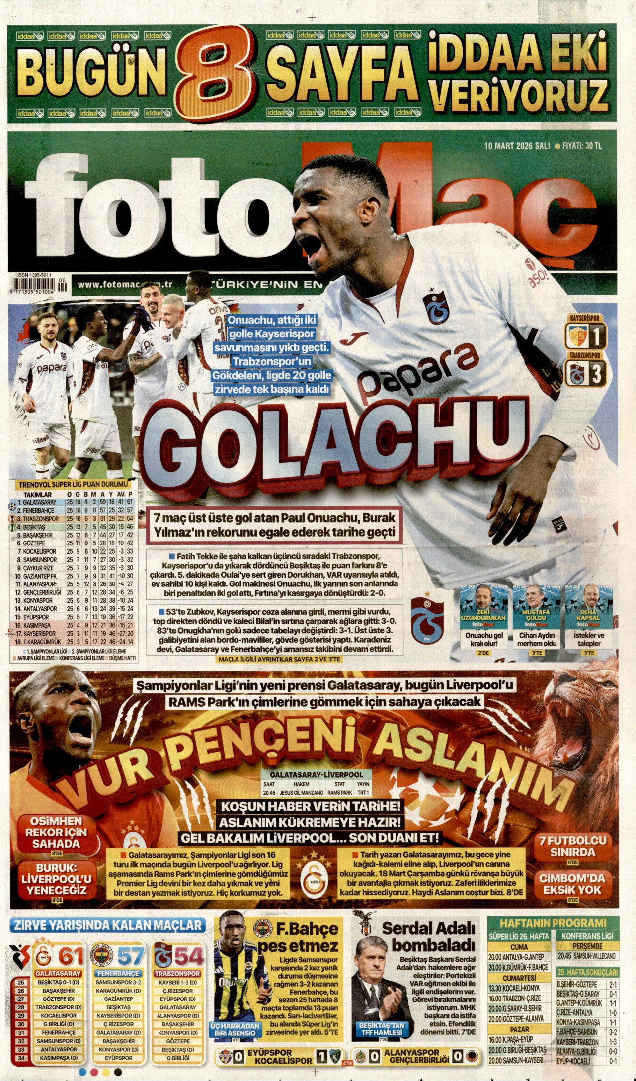 FOTOMAÇ gazetesinin 10 Mart 2026 tarihli birinci sayfası