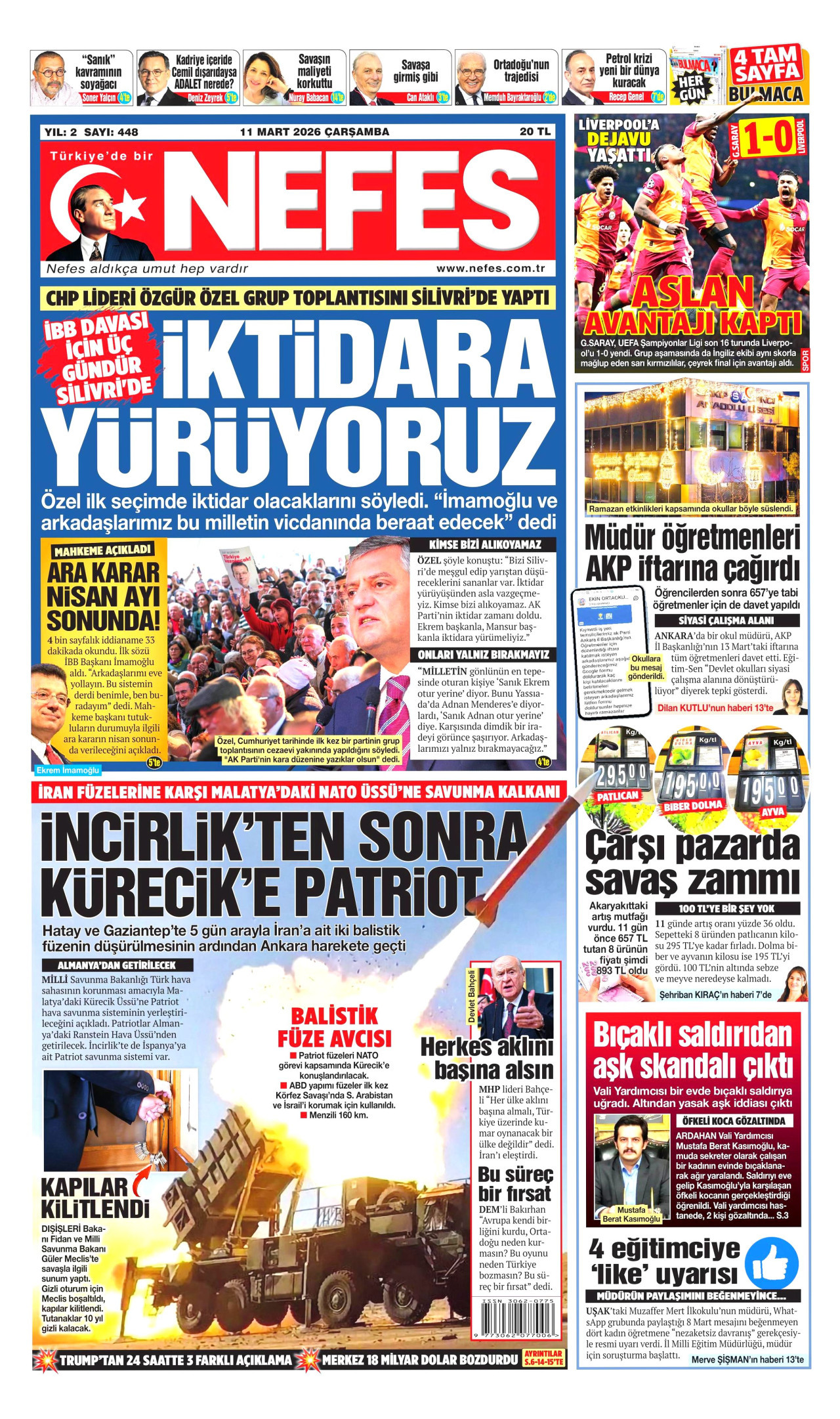 NEFES gazetesinin 11 Mart 2026 tarihli birinci sayfası