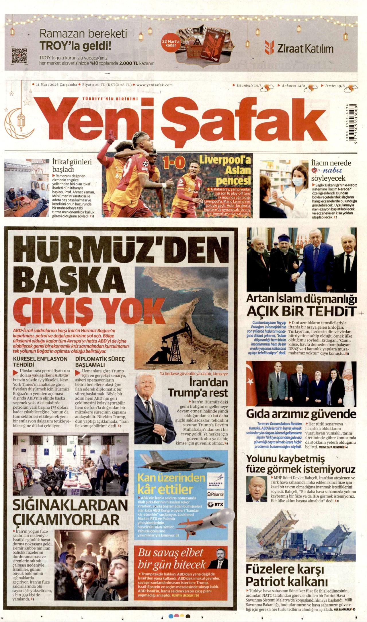 YENİ ŞAFAK gazetesinin 11 Mart 2026 tarihli birinci sayfası