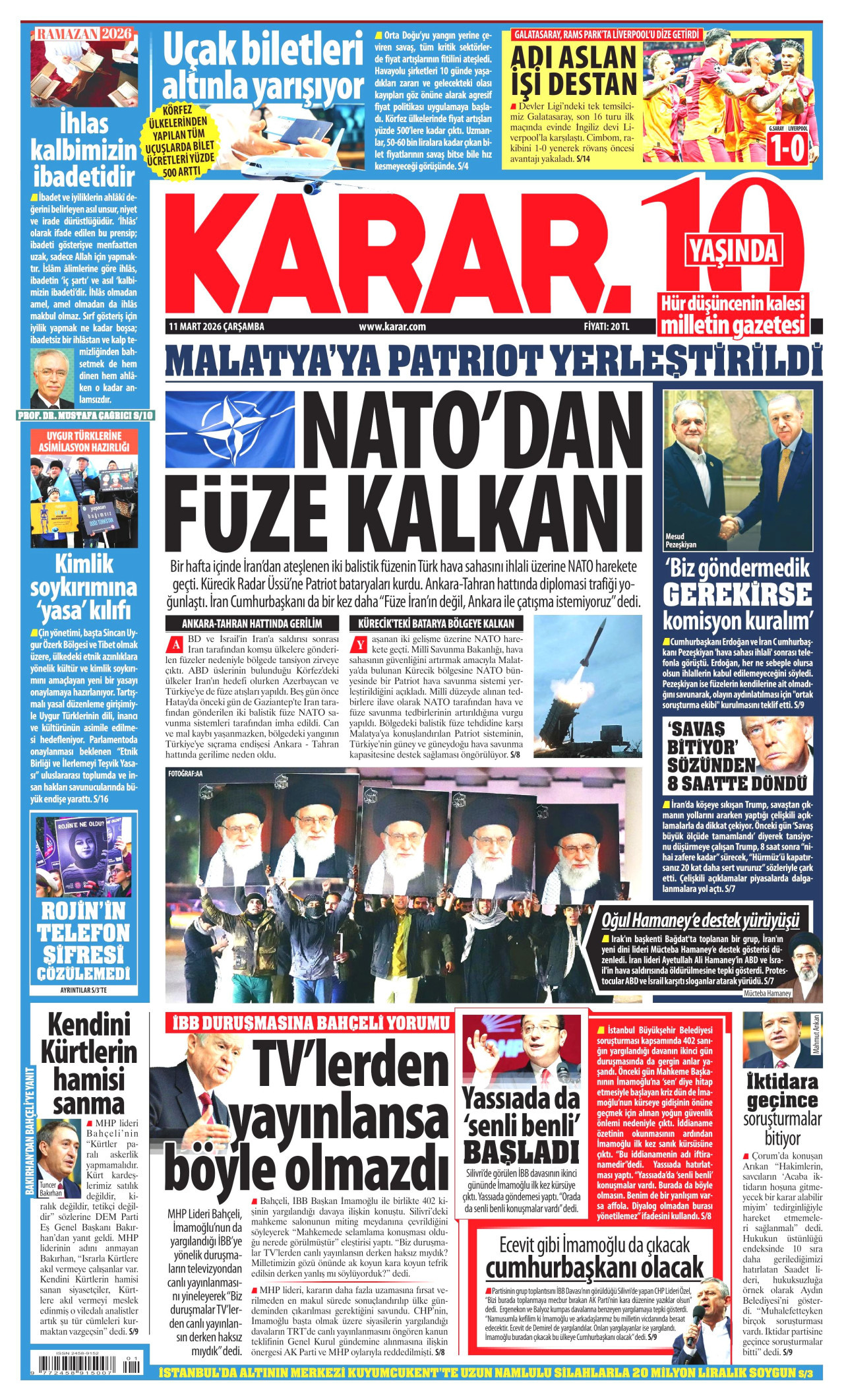 KARAR gazetesinin 11 Mart 2026 tarihli birinci sayfası
