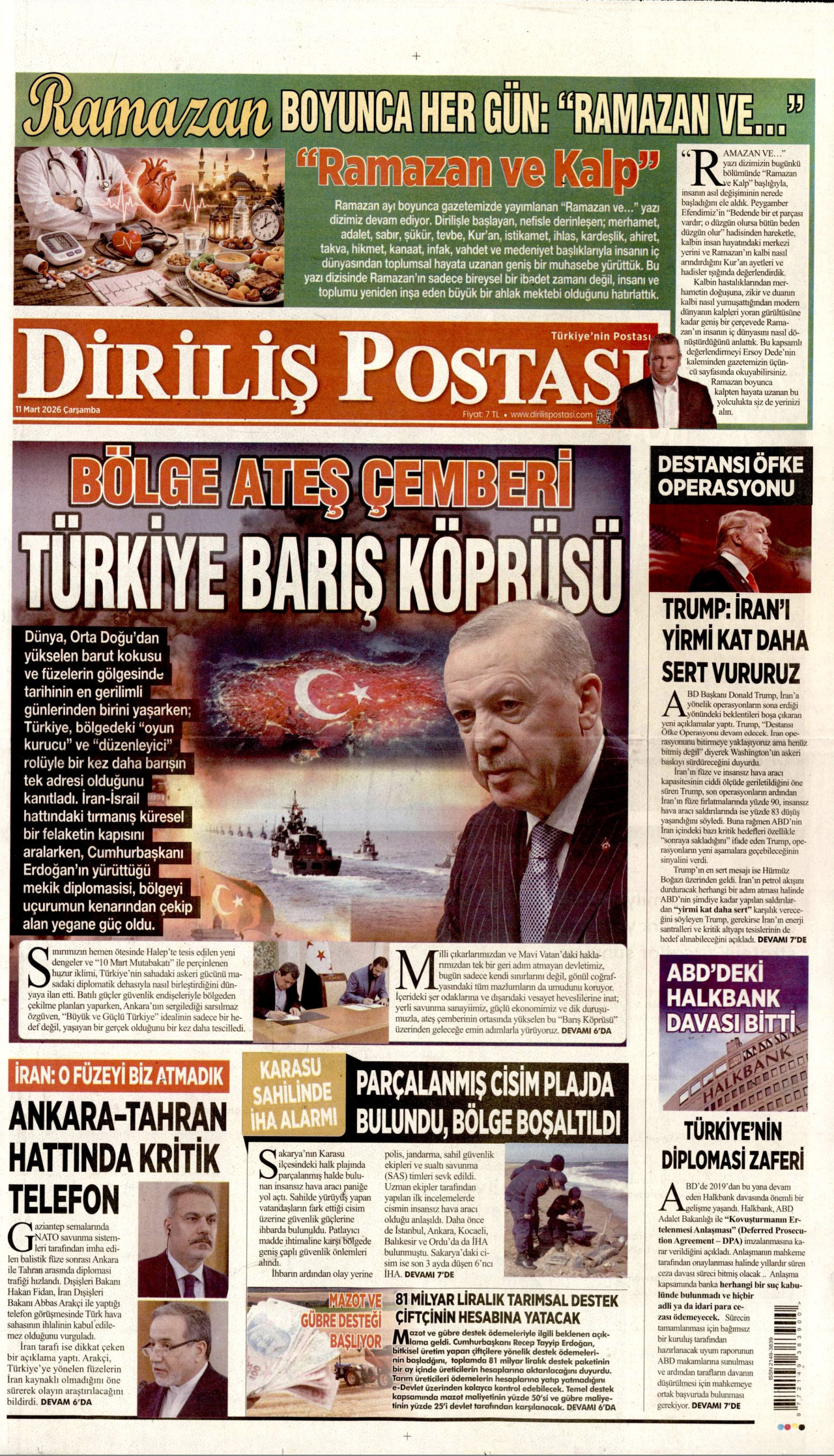 DİRİLİŞ POSTASI gazetesinin 11 Mart 2026 tarihli birinci sayfası