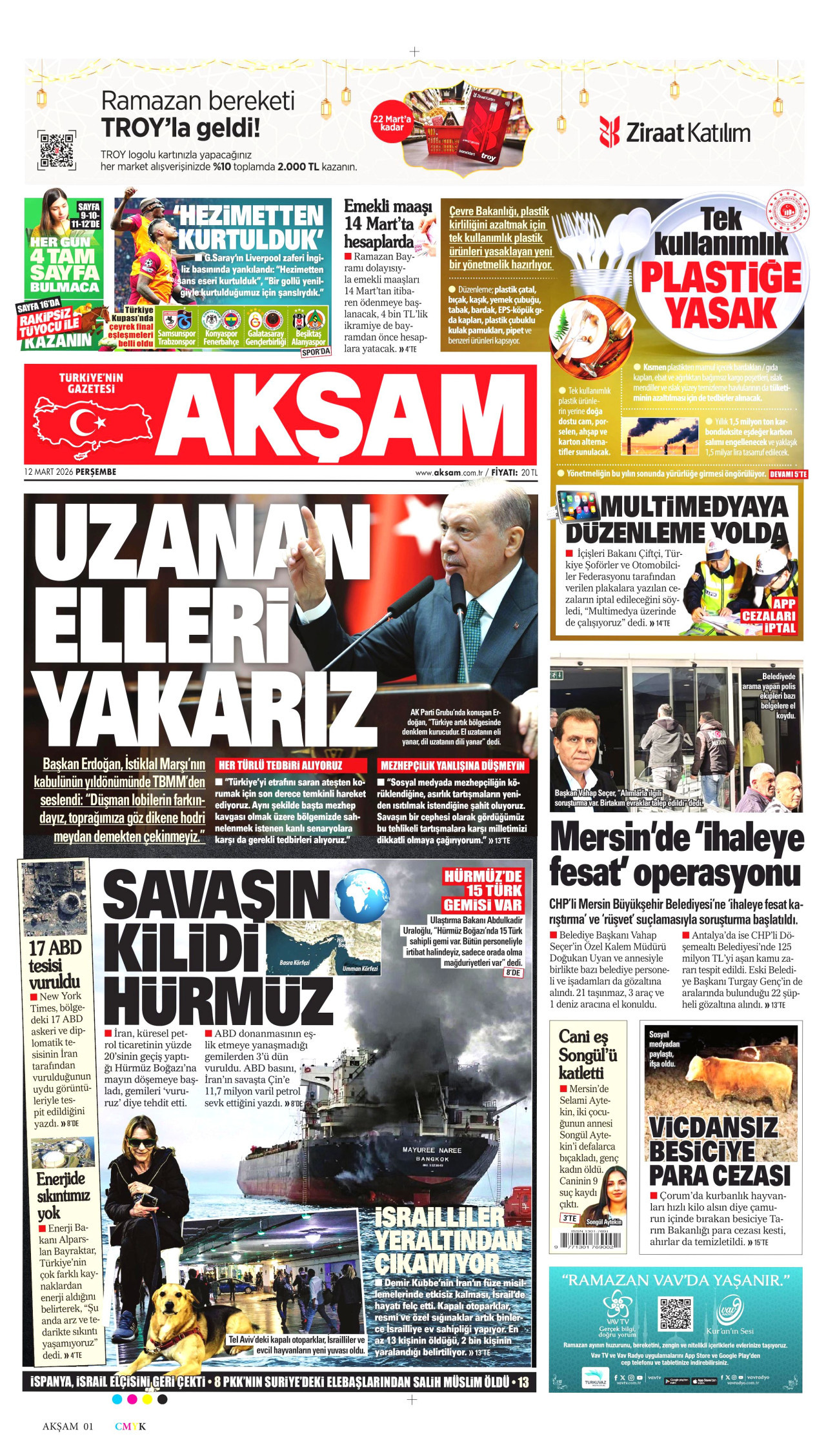 AKŞAM gazetesinin 12 Mart 2026 tarihli birinci sayfası
