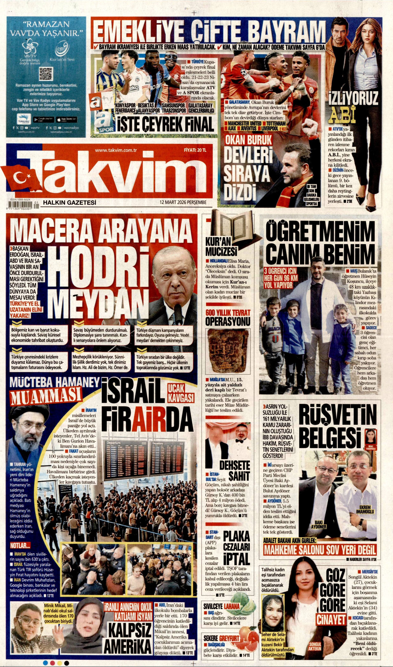 TAKVİM gazetesinin 12 Mart 2026 tarihli birinci sayfası