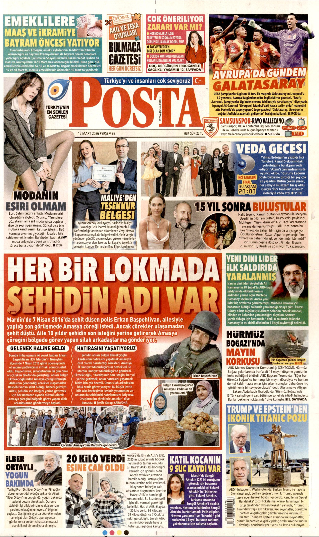 POSTA gazetesinin 12 Mart 2026 tarihli birinci sayfası