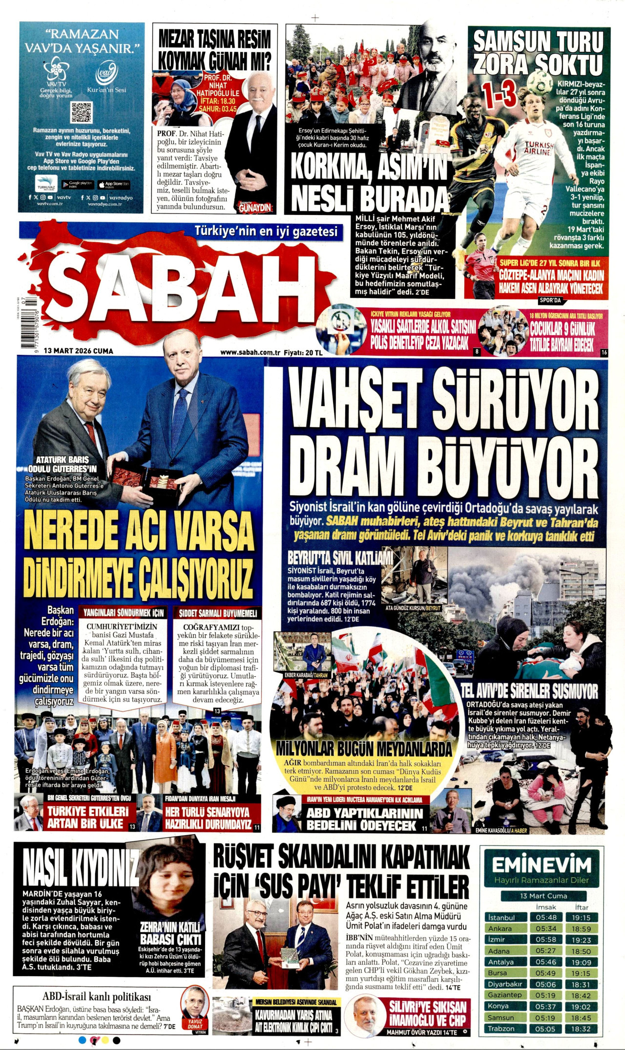 SABAH gazetesinin 13 Mart 2026 tarihli birinci sayfası