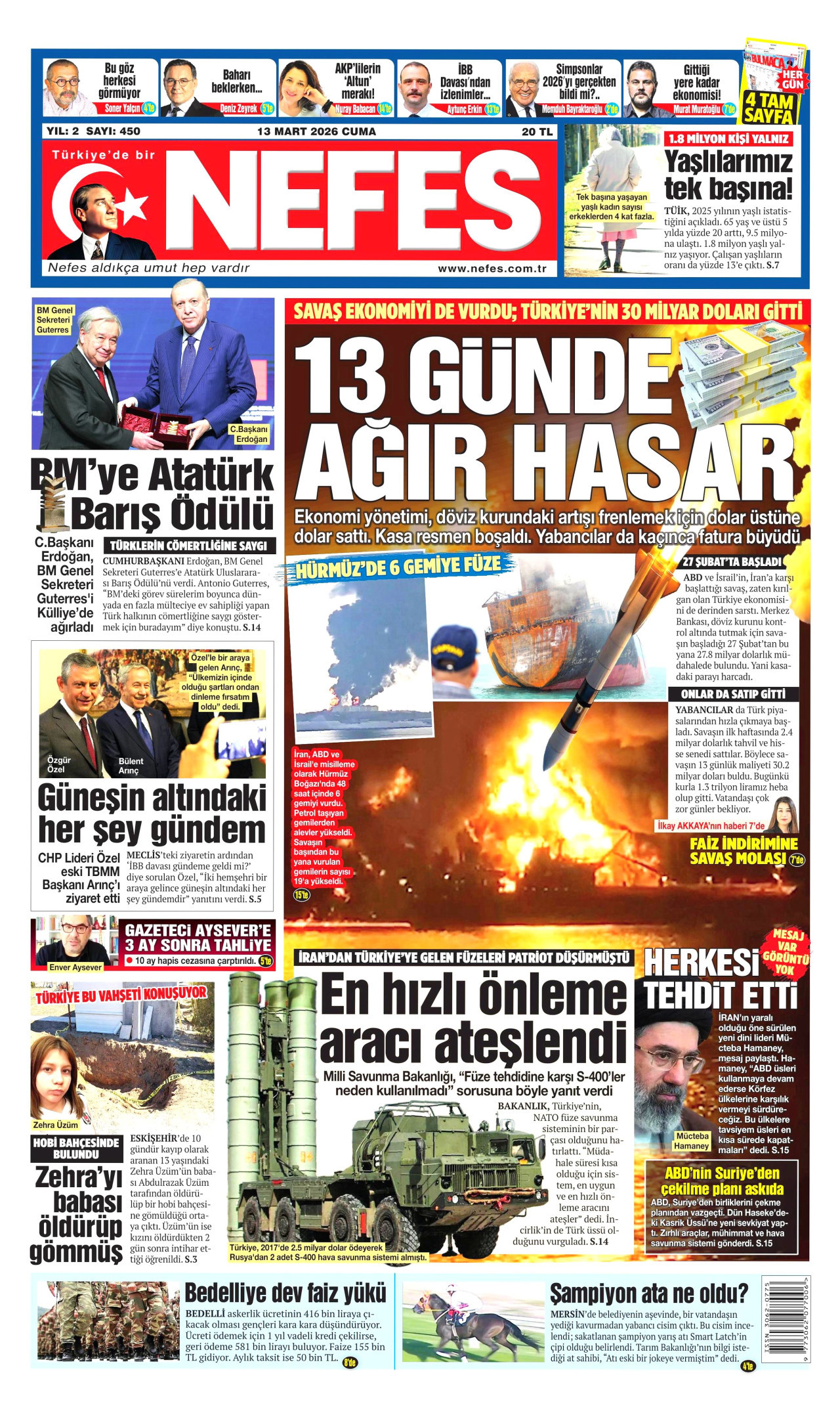NEFES gazetesinin 13 Mart 2026 tarihli birinci sayfası