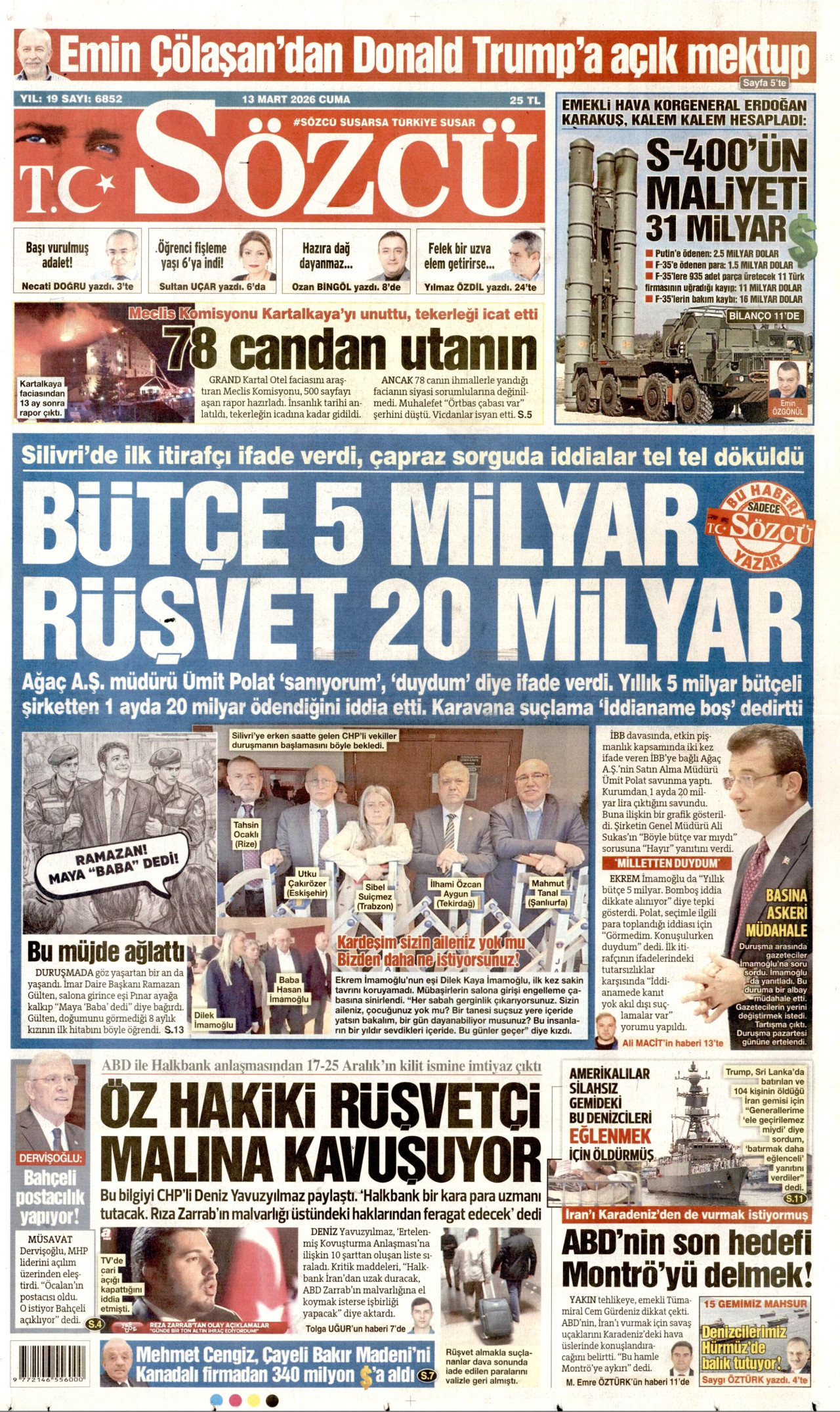SÖZCÜ gazetesinin 13 Mart 2026 tarihli birinci sayfası