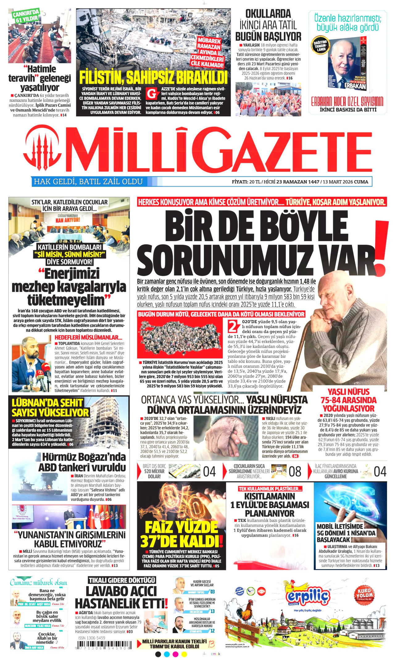 MİLLİ GAZETE gazetesinin 13 Mart 2026 tarihli birinci sayfası