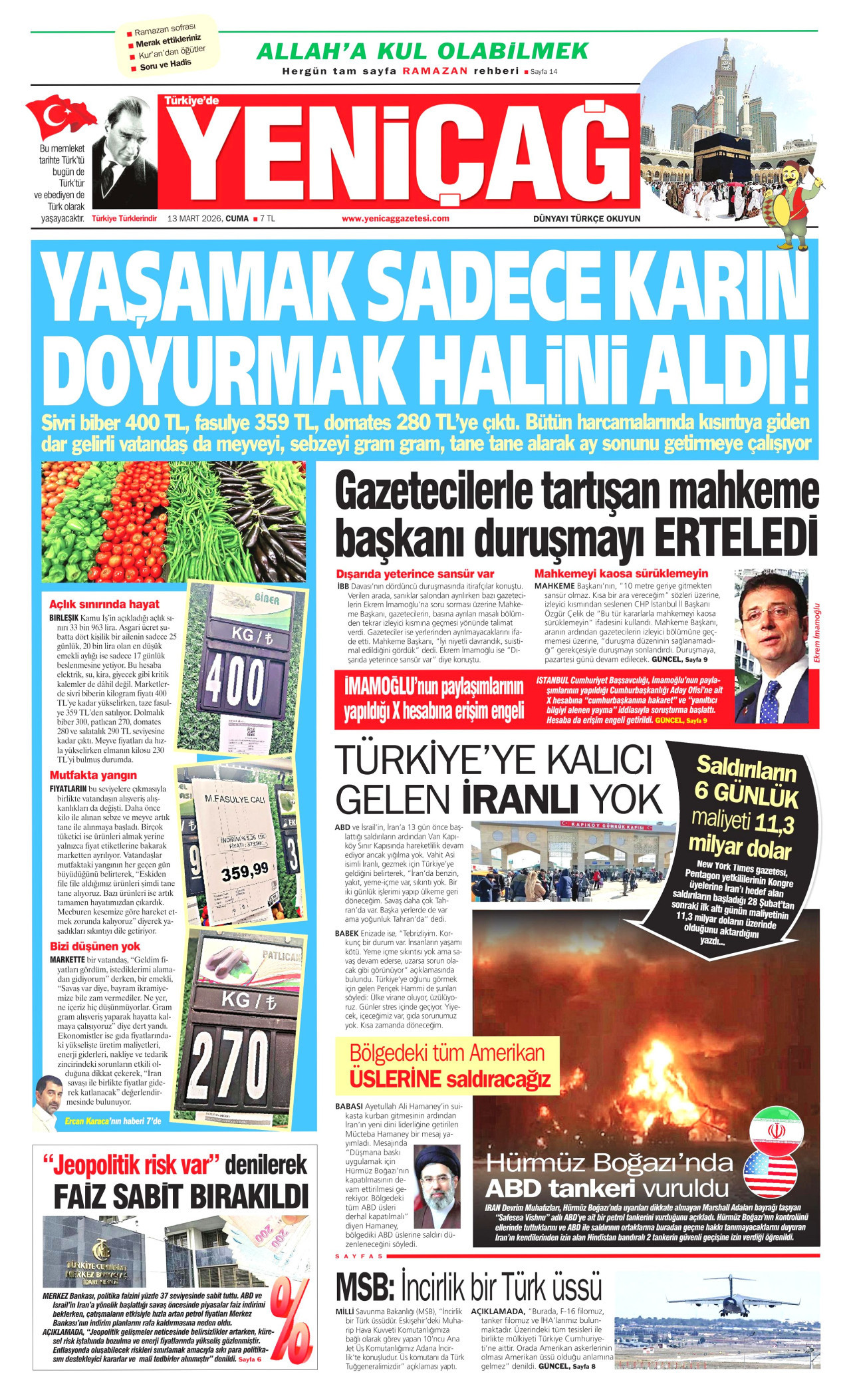 YENİÇAĞ gazetesinin 13 Mart 2026 tarihli birinci sayfası
