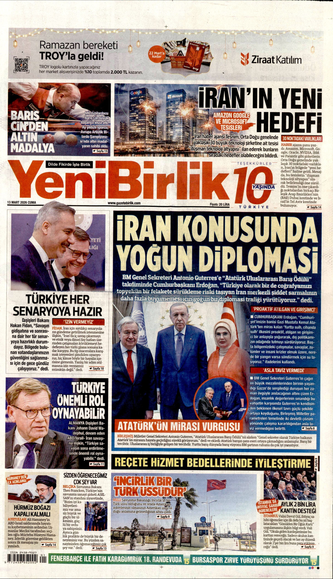 YENİBİRLİK gazetesinin 13 Mart 2026 tarihli birinci sayfası