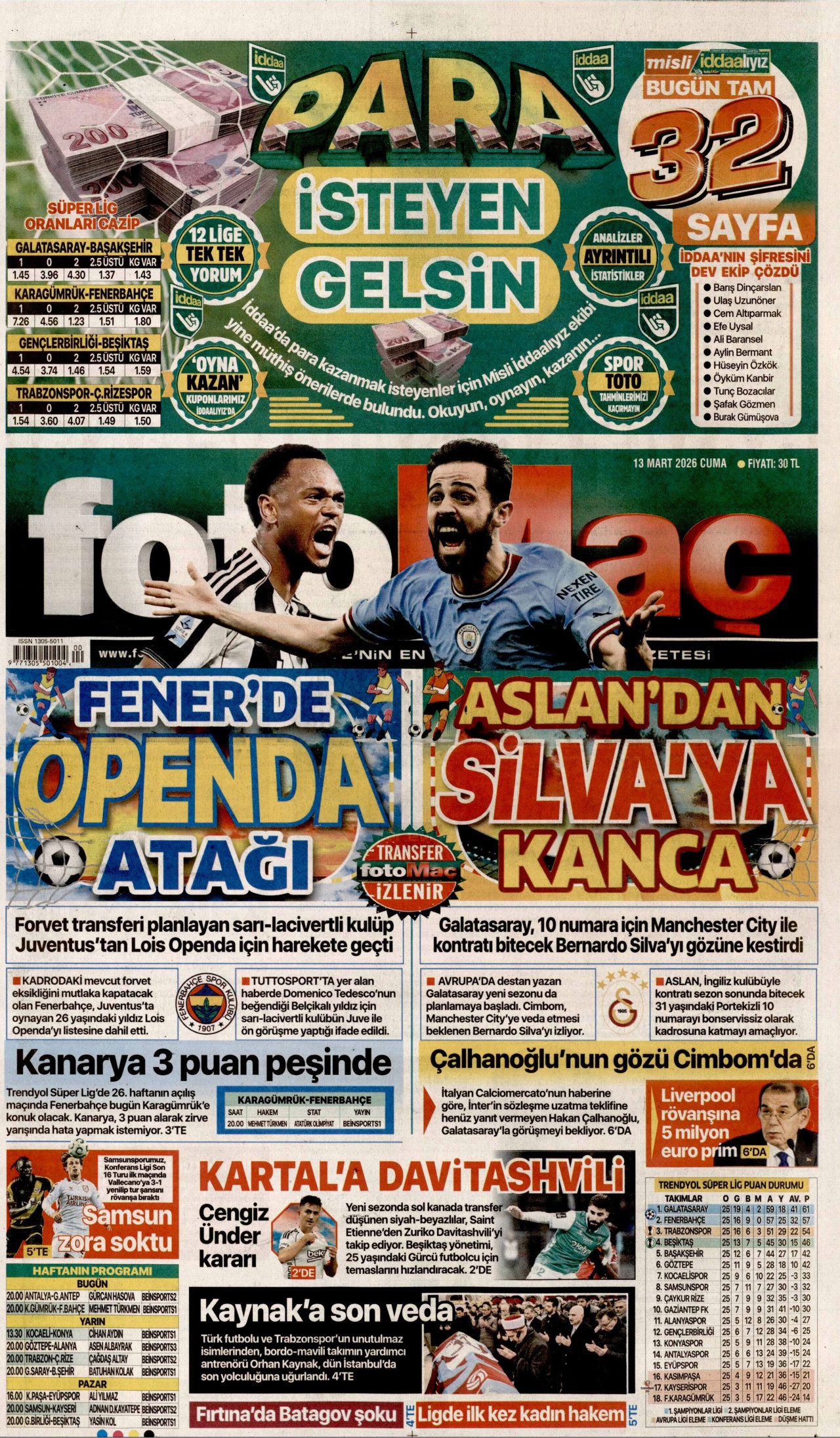 FOTOMAÇ gazetesinin 13 Mart 2026 tarihli birinci sayfası